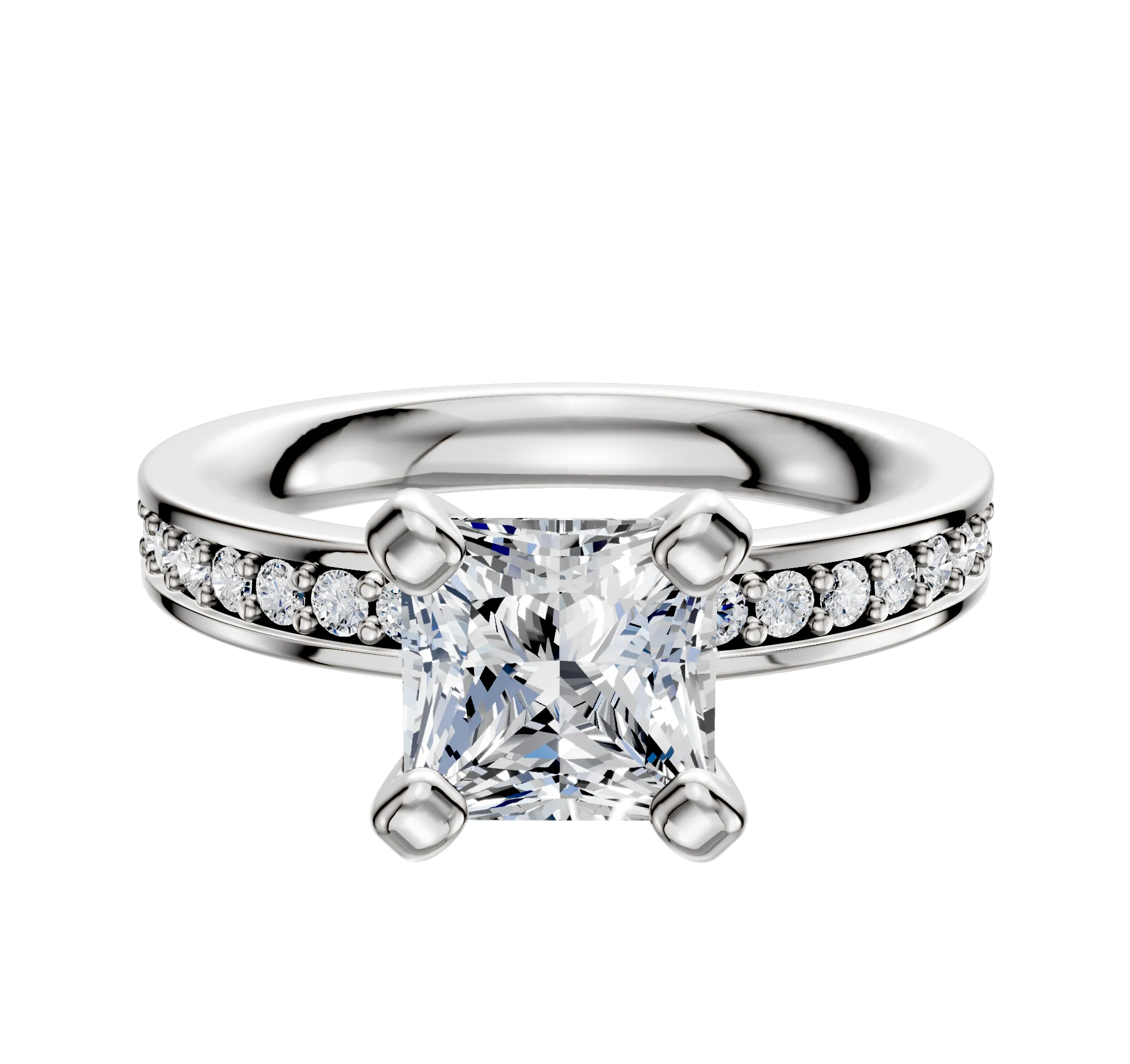 18K White Gold 4 Prong Classic Flat 1-Row-Pave 2.5mm Engagement Ring