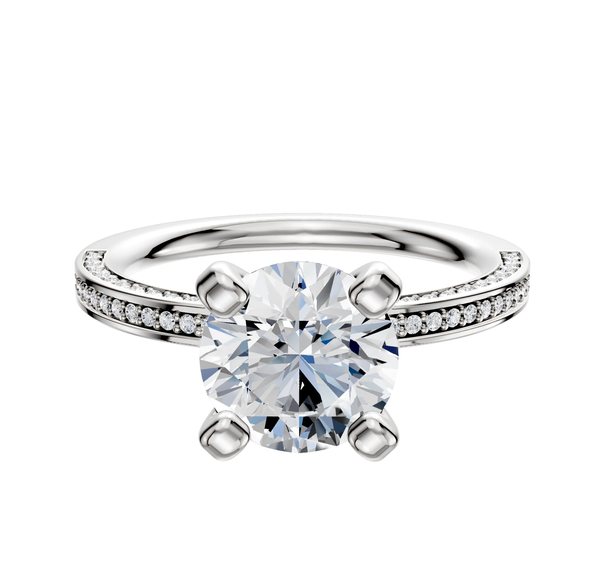 18K White Gold 4 Prong Classic Flat 3-Row-Pave 2.0mm Engagement Ring