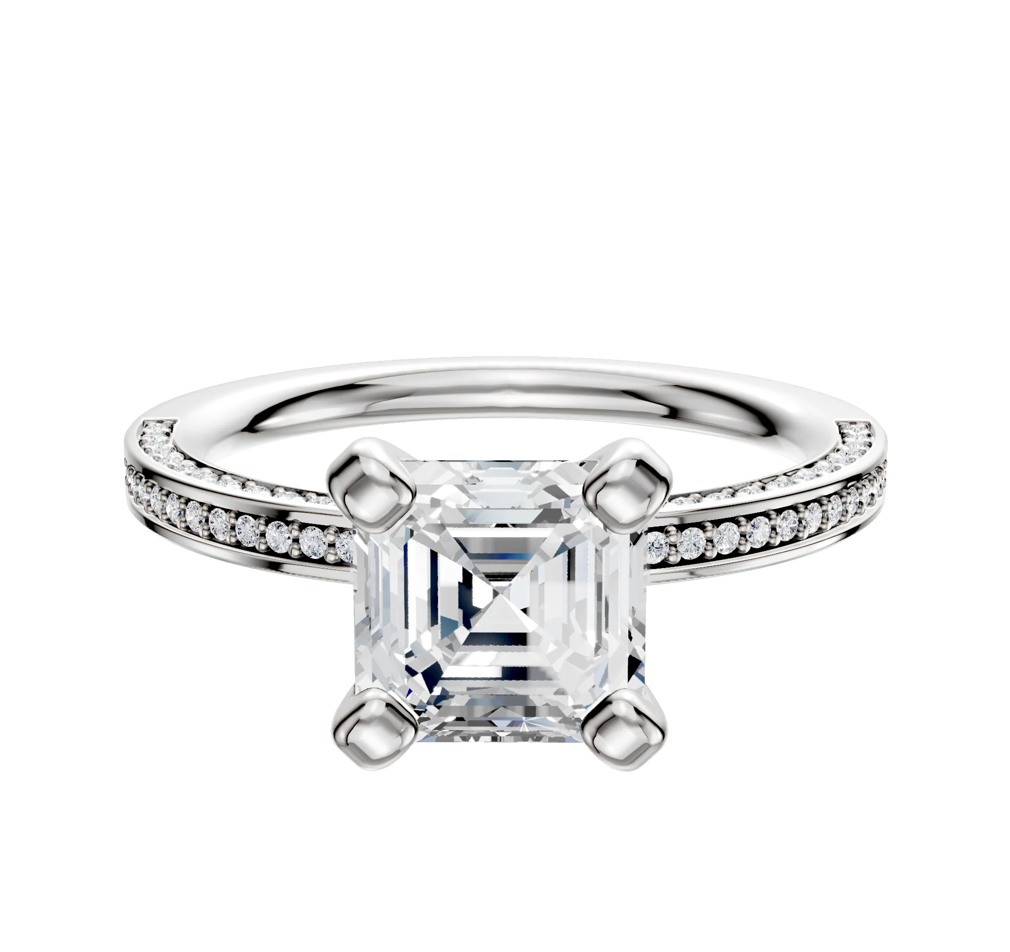 18K White Gold 4 Prong Classic Flat 3-Row-Pave 2.0mm Engagement Ring