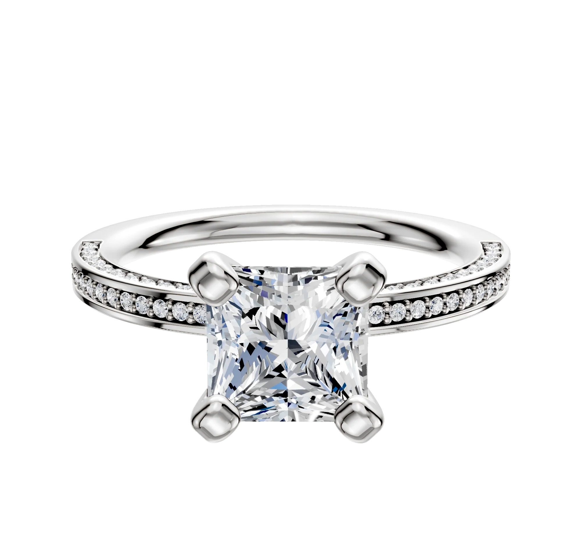 18K White Gold 4 Prong Classic Flat 3-Row-Pave 2.0mm Engagement Ring