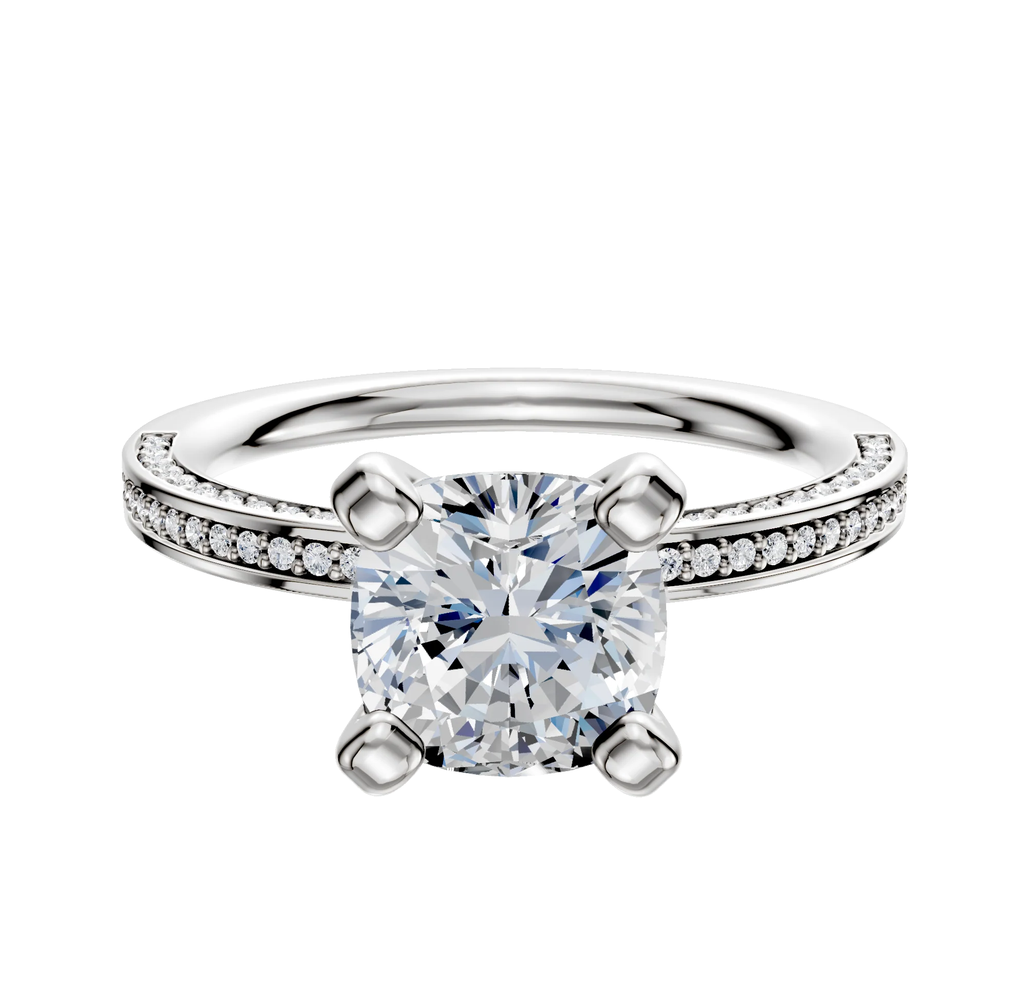 18K White Gold 4 Prong Classic Flat 3-Row-Pave 2.0mm Engagement Ring