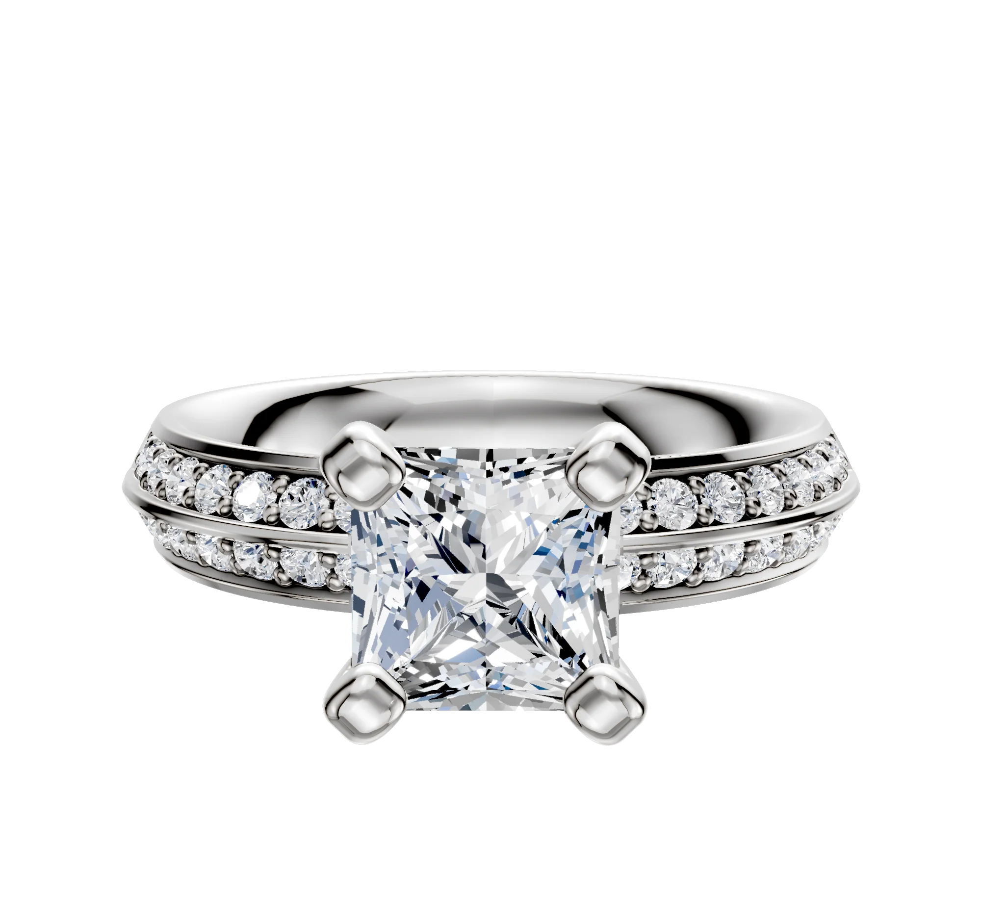 18K White Gold 4 Prong Classic Knife Edge 1-Row-Pave 2.5mm Engagement Ring