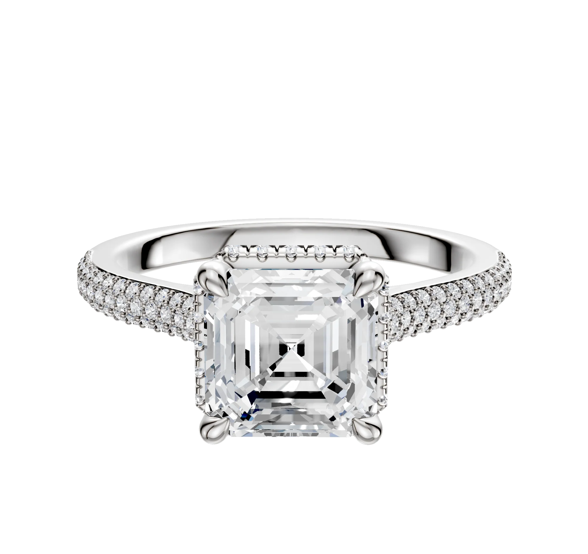 18K White Gold 4 Prong Collar Cathedral Dome 3-Row-Pave 2.0mm Engagement Ring
