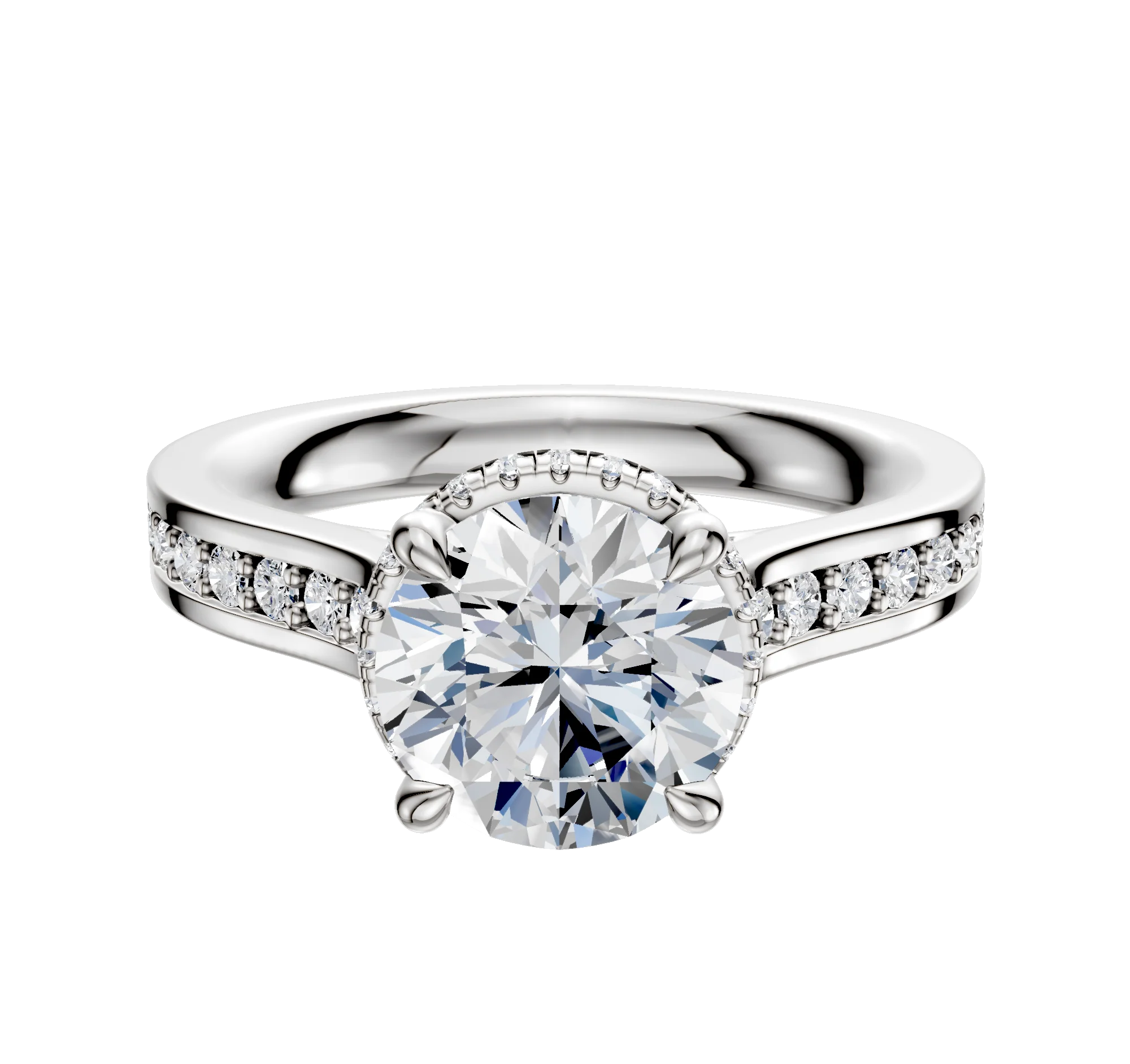 18K White Gold 4 Prong Collar Cathedral Flat 1-Row-Pave 2.5mm Engagement Ring