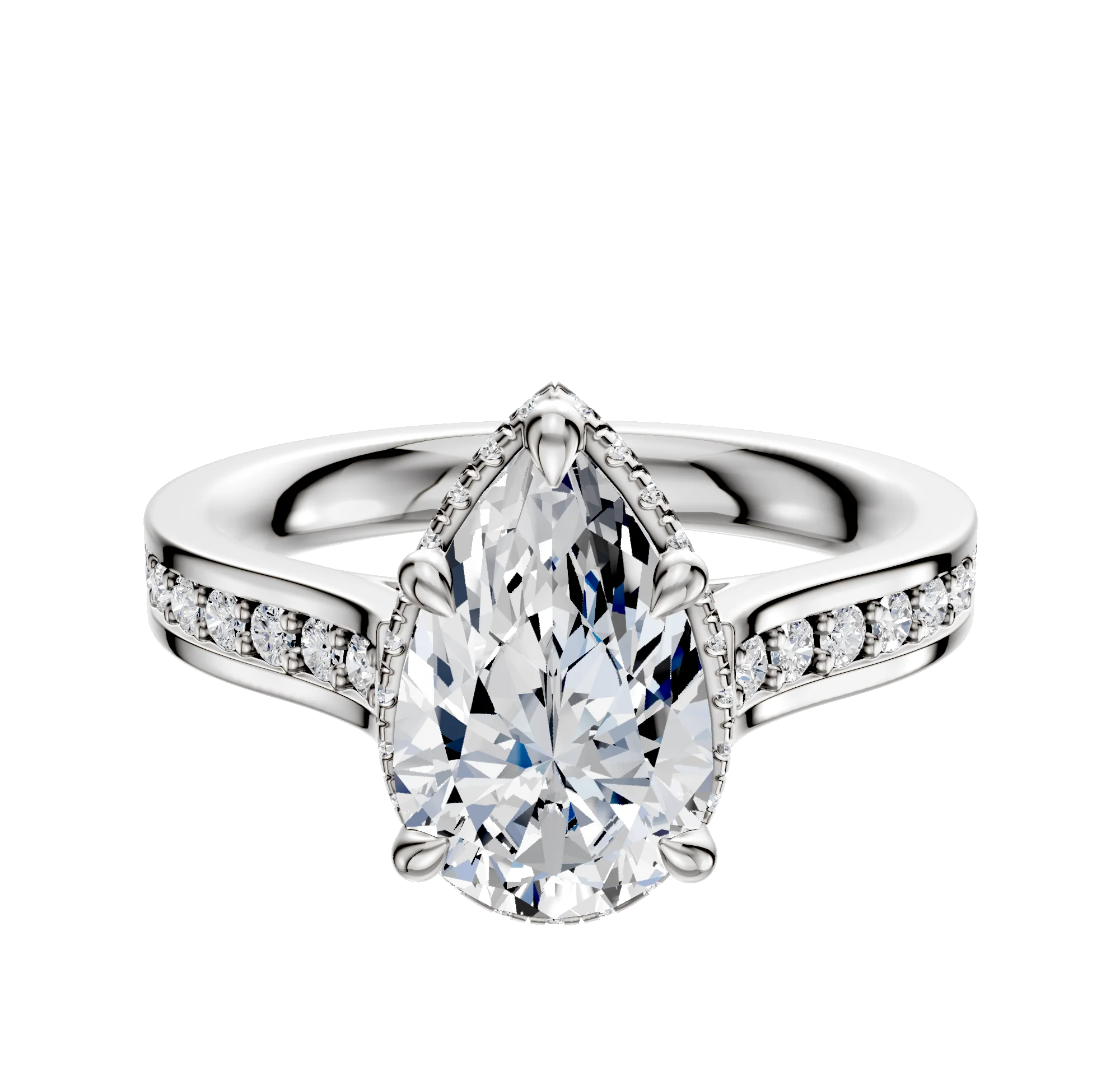 18K White Gold 4 Prong Collar Cathedral Flat 1-Row-Pave 2.5mm Engagement Ring
