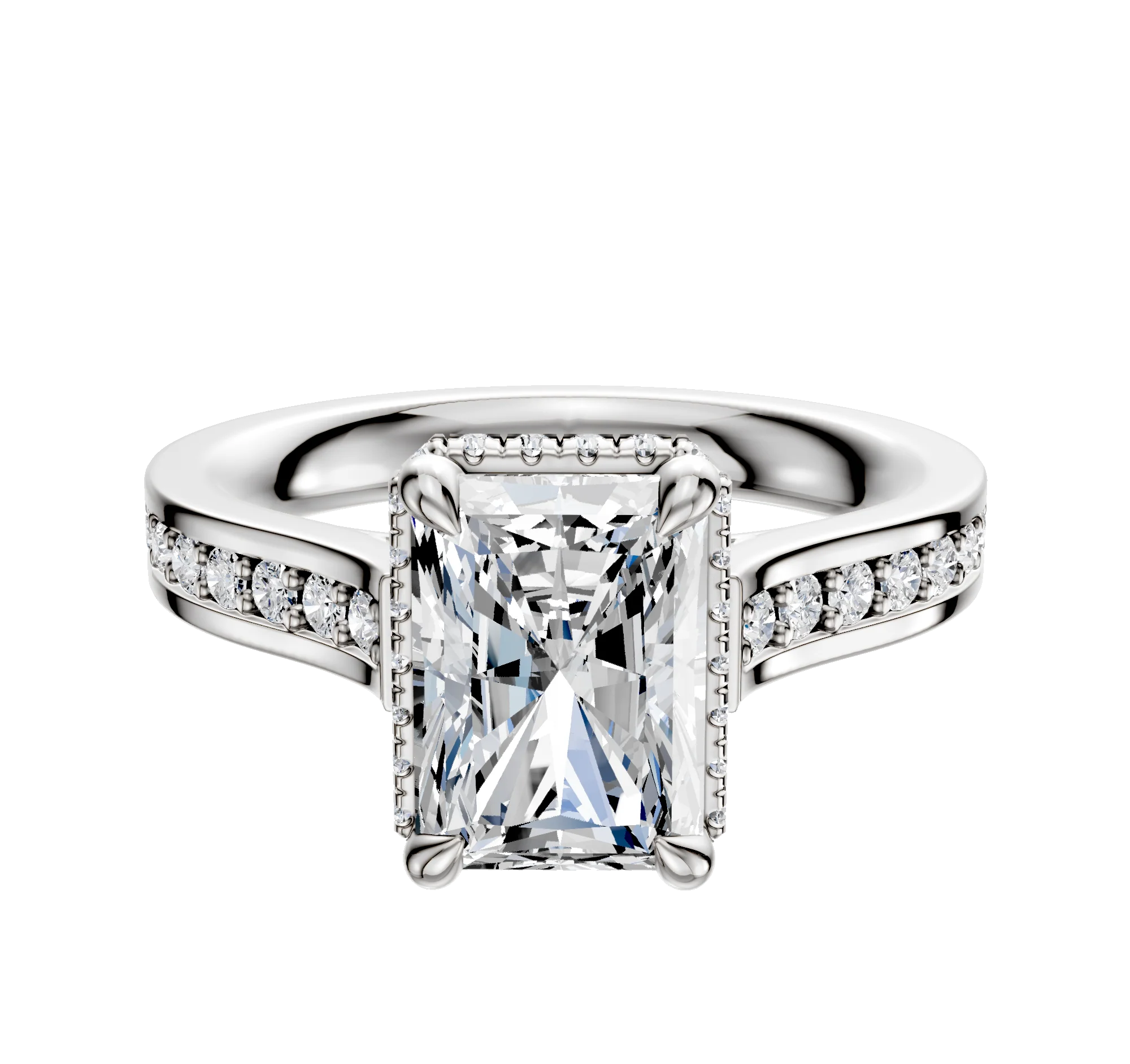 18K White Gold 4 Prong Collar Cathedral Flat 1-Row-Pave 2.5mm Engagement Ring