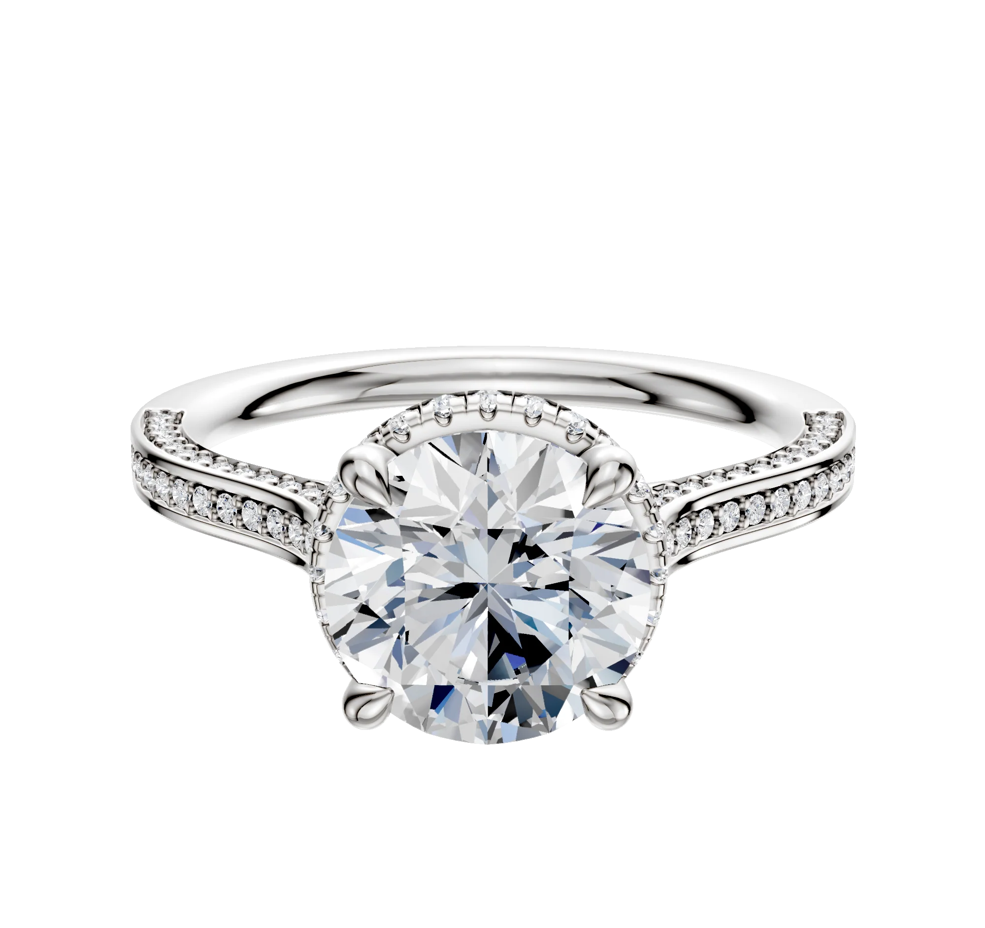 18K White Gold 4 Prong Collar Cathedral Flat 3-Row-Pave 2.0mm Engagement Ring
