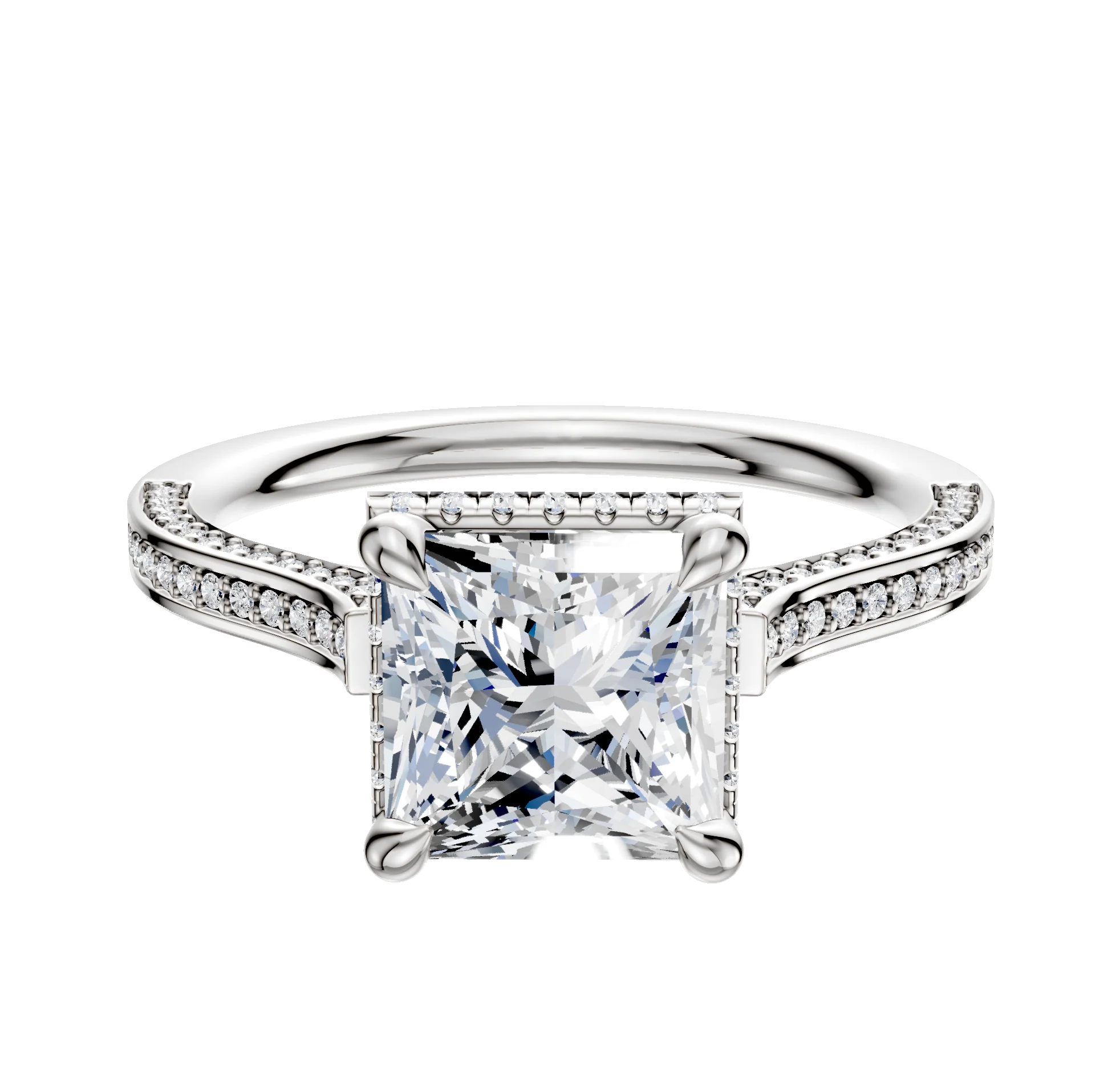 18K White Gold 4 Prong Collar Cathedral Flat 3-Row-Pave 2.0mm Engagement Ring