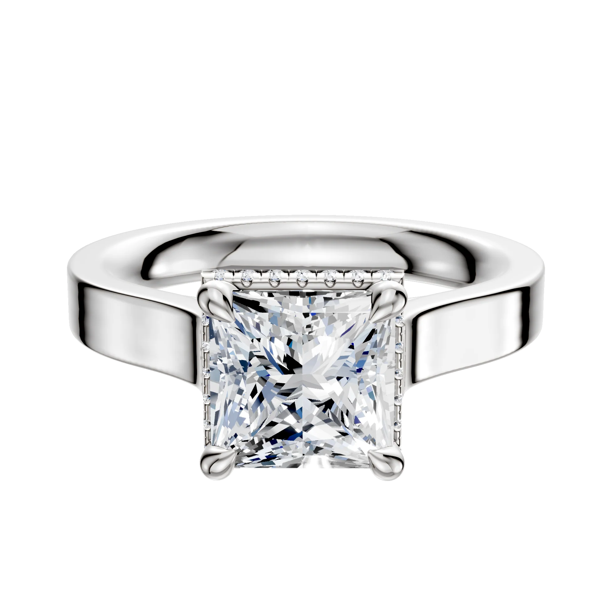 18K White Gold 4 Prong Collar Cathedral Flat 3.0mm Engagement Ring