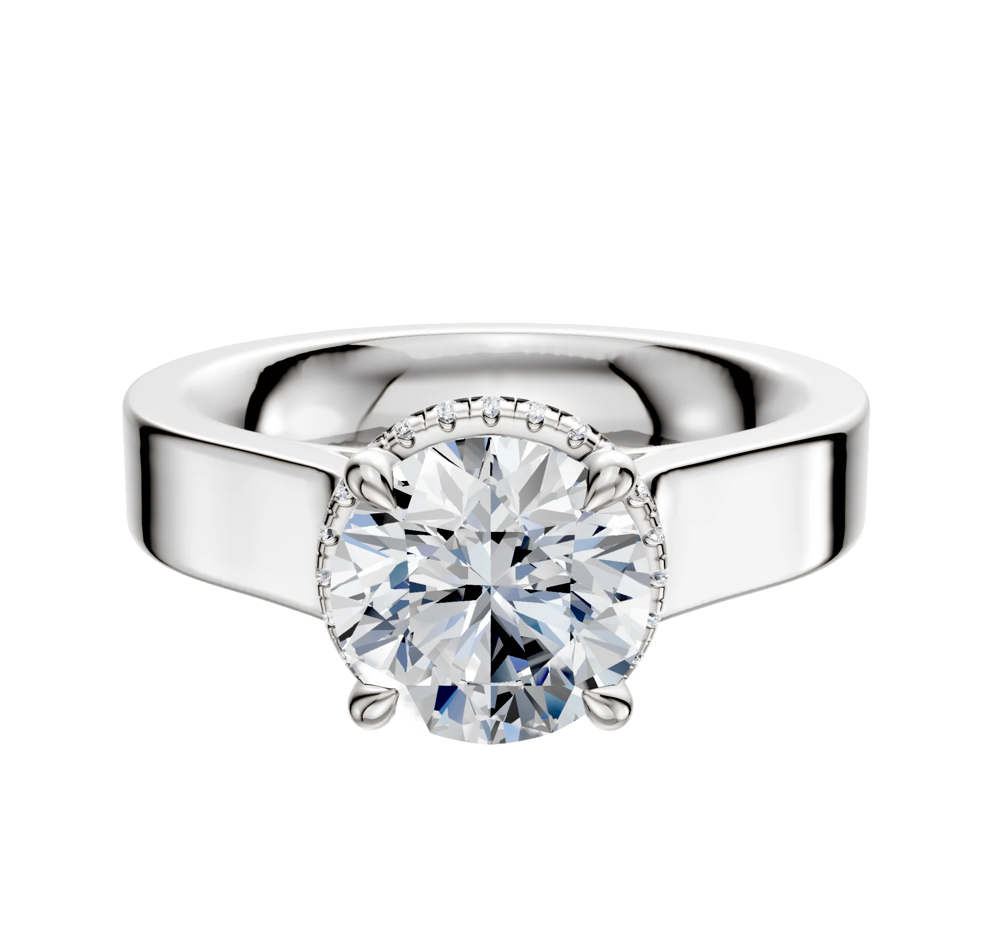 18K White Gold 4 Prong Collar Cathedral Flat 4.0mm Engagement Ring