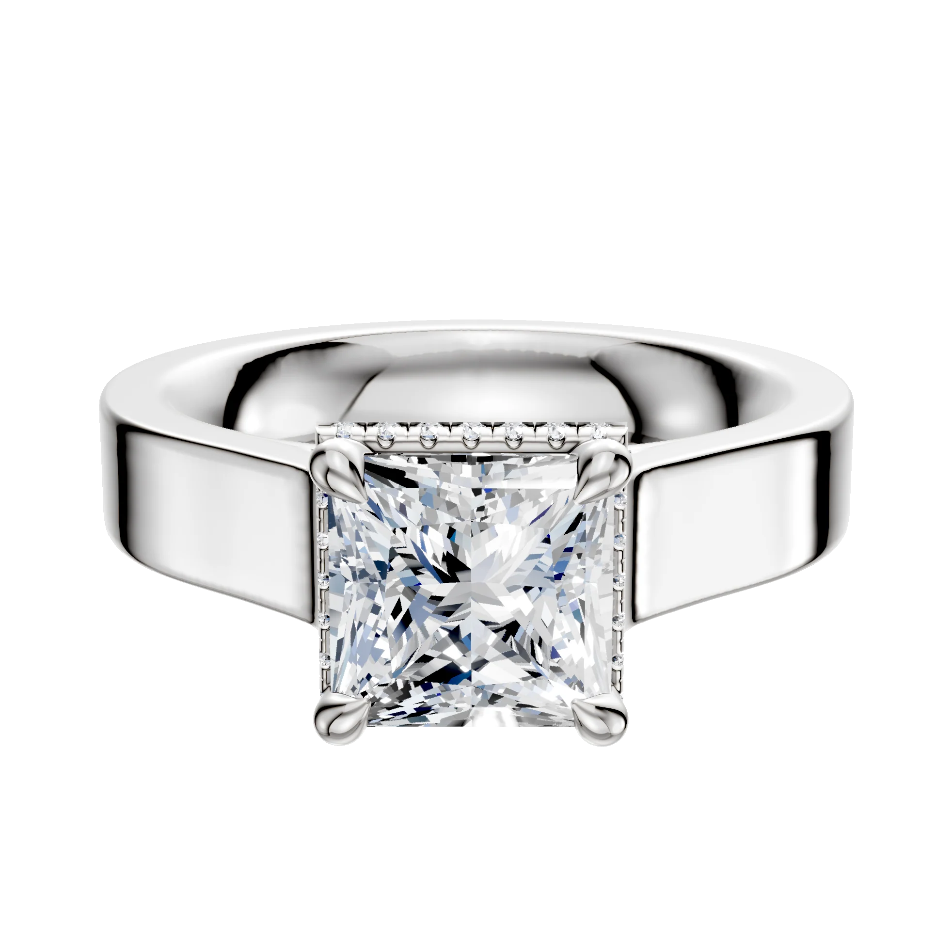 18K White Gold 4 Prong Collar Cathedral Flat 4.0mm Engagement Ring