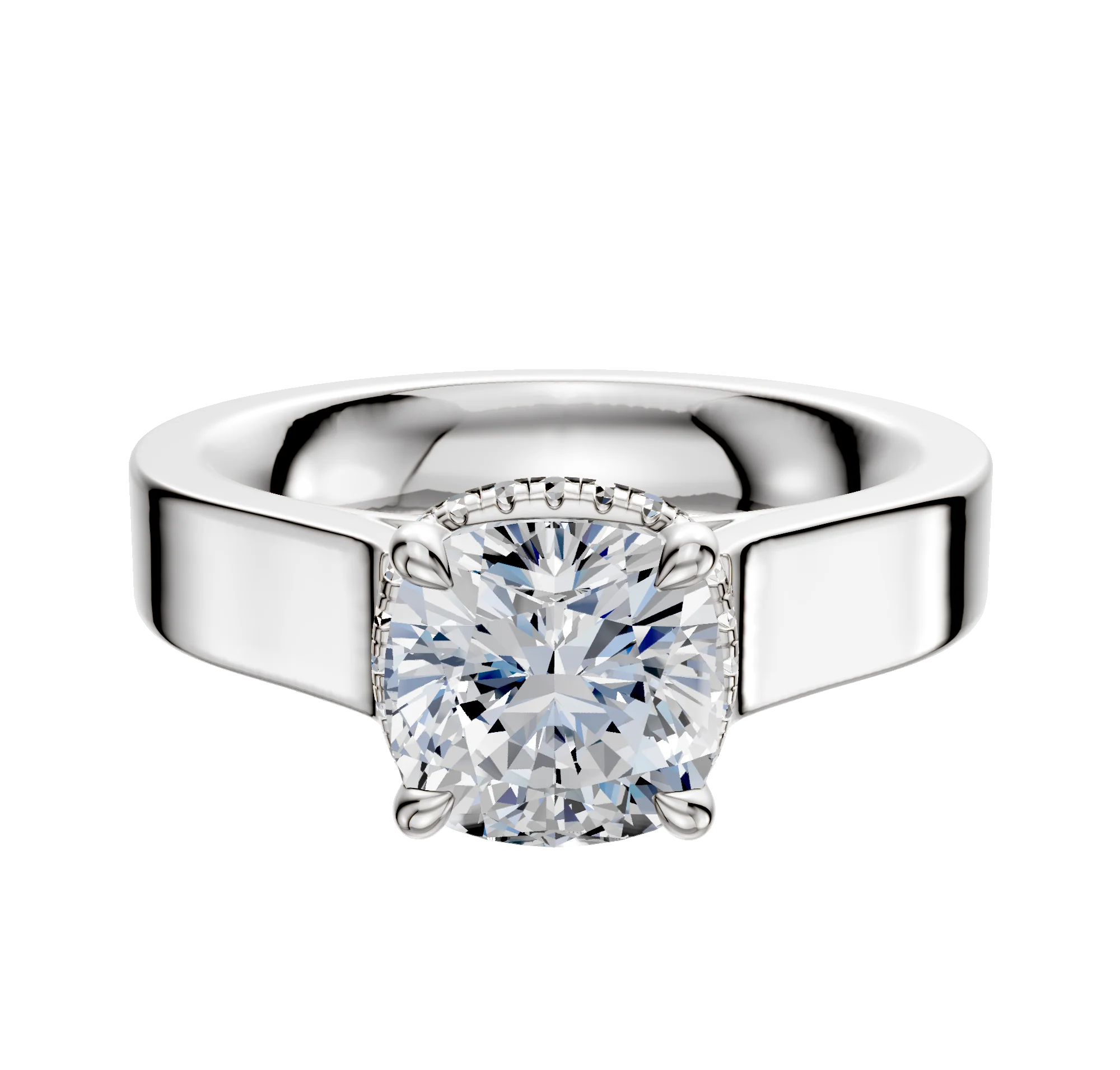 18K White Gold 4 Prong Collar Cathedral Flat 4.0mm Engagement Ring