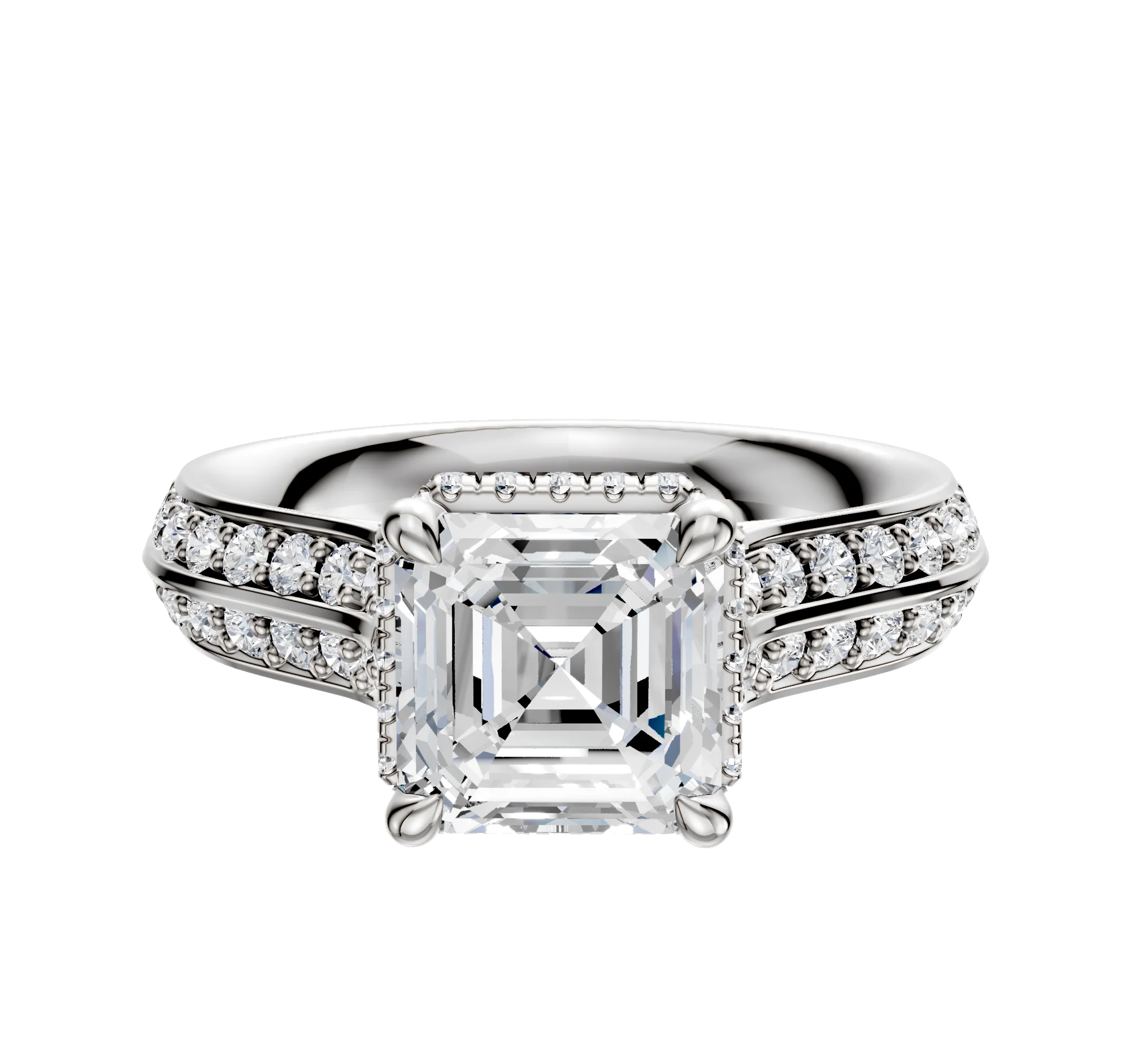 18K White Gold 4 Prong Collar Cathedral Knife Edge 1-Row-Pave 2.5mm Engagement Ring