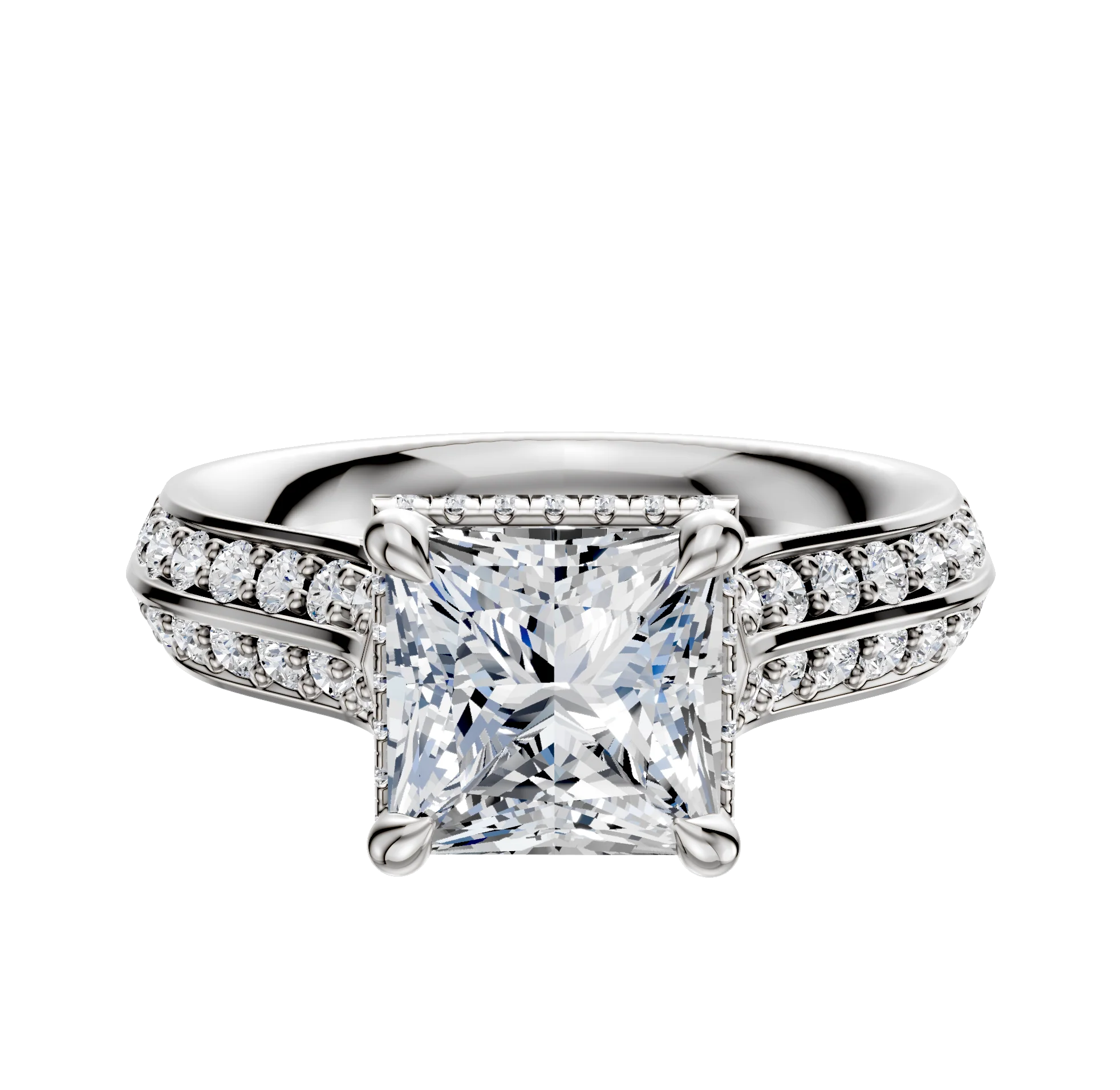 18K White Gold 4 Prong Collar Cathedral Knife Edge 1-Row-Pave 2.5mm Engagement Ring