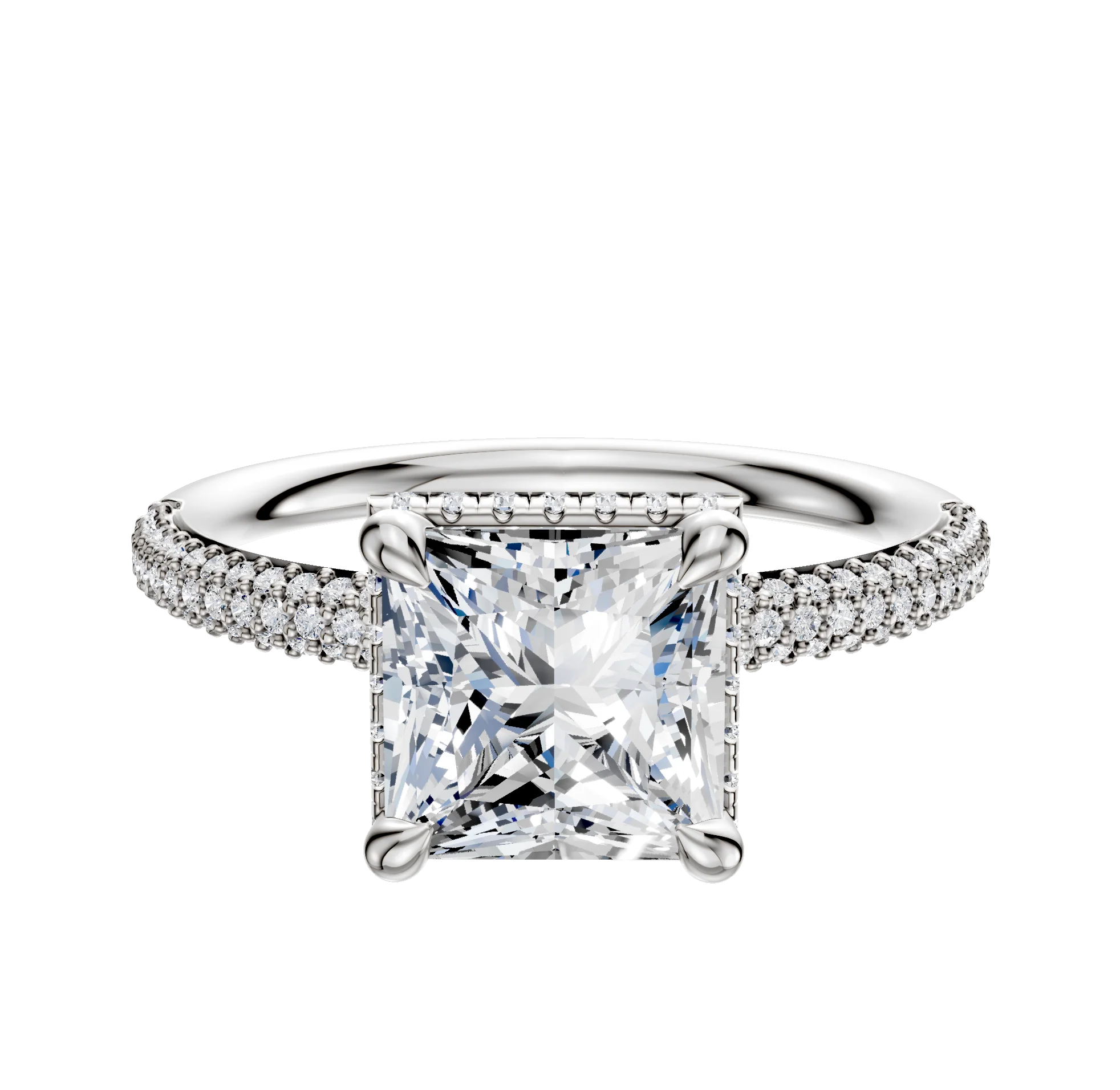 18K White Gold 4 Prong Collar Classic Dome 3-Row-Pave 2.0mm Engagement Ring