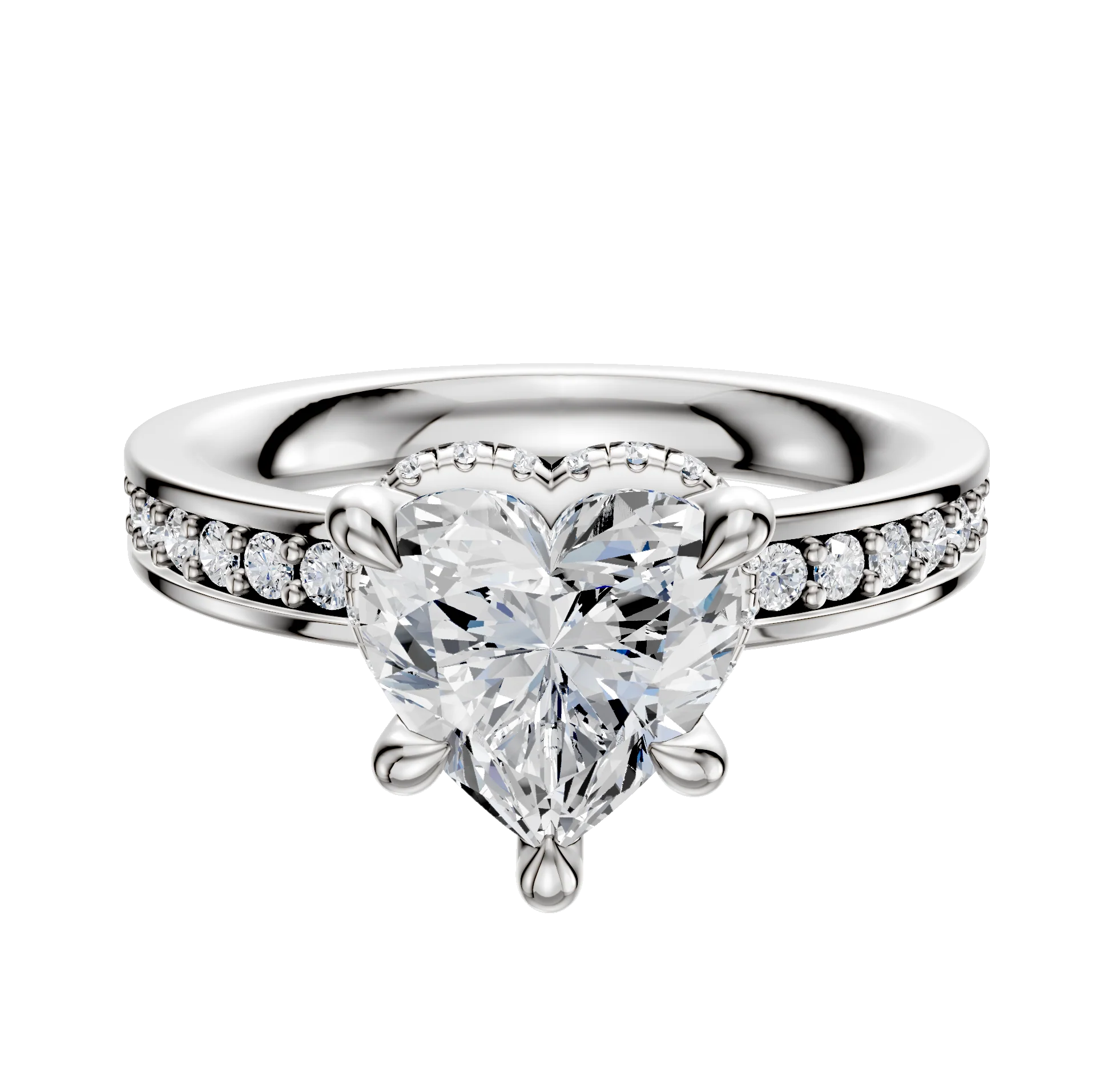 18K White Gold 4 Prong Collar Classic Flat 1-Row-Pave 2.5mm Engagement Ring