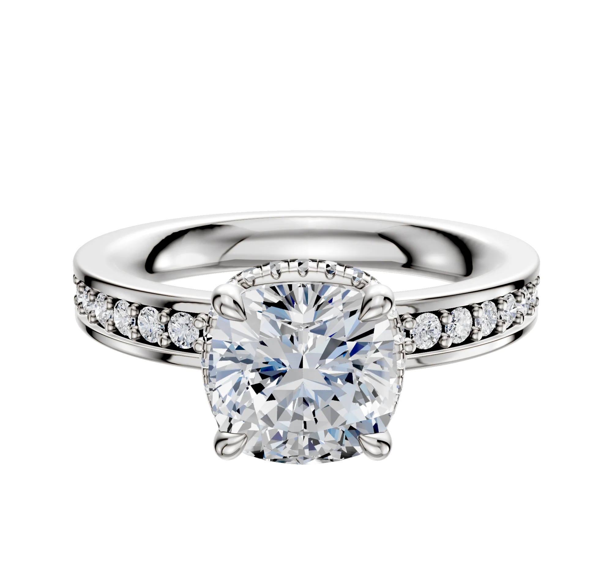 18K White Gold 4 Prong Collar Classic Flat 1-Row-Pave 2.5mm Engagement Ring