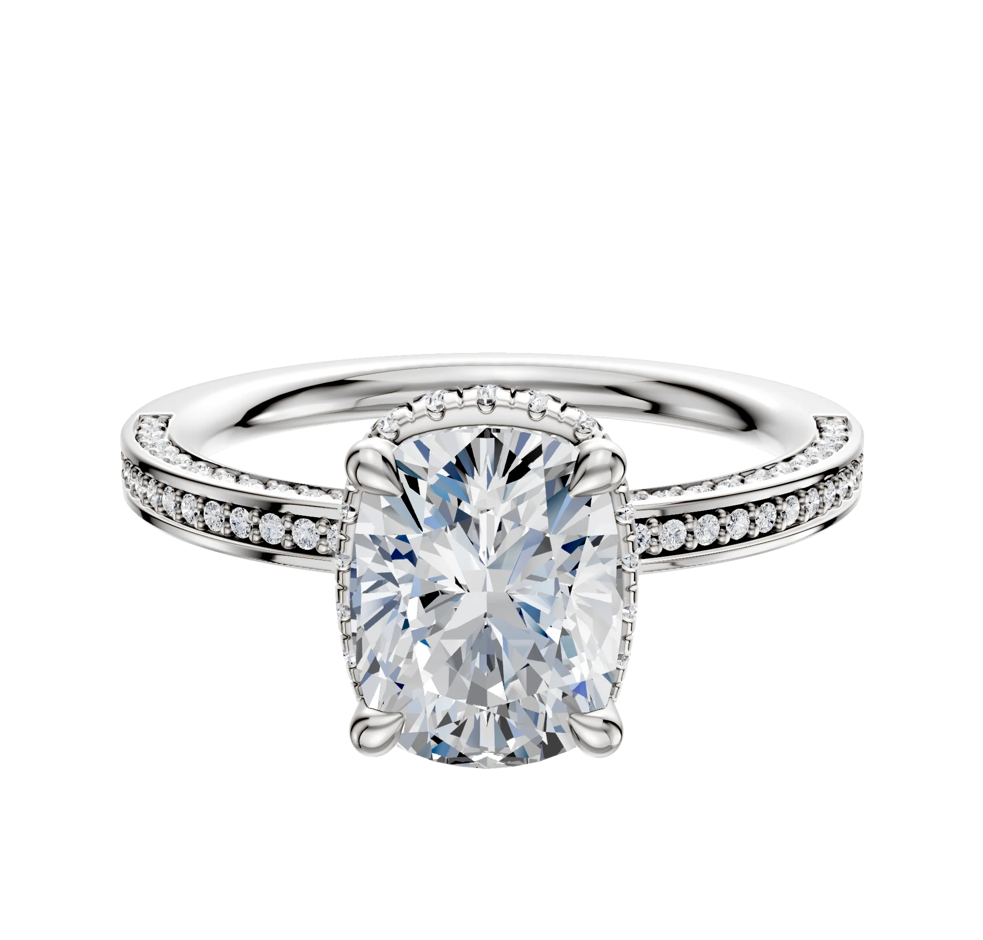 18K White Gold 4 Prong Collar Classic Flat 3-Row-Pave 2.0mm Engagement Ring