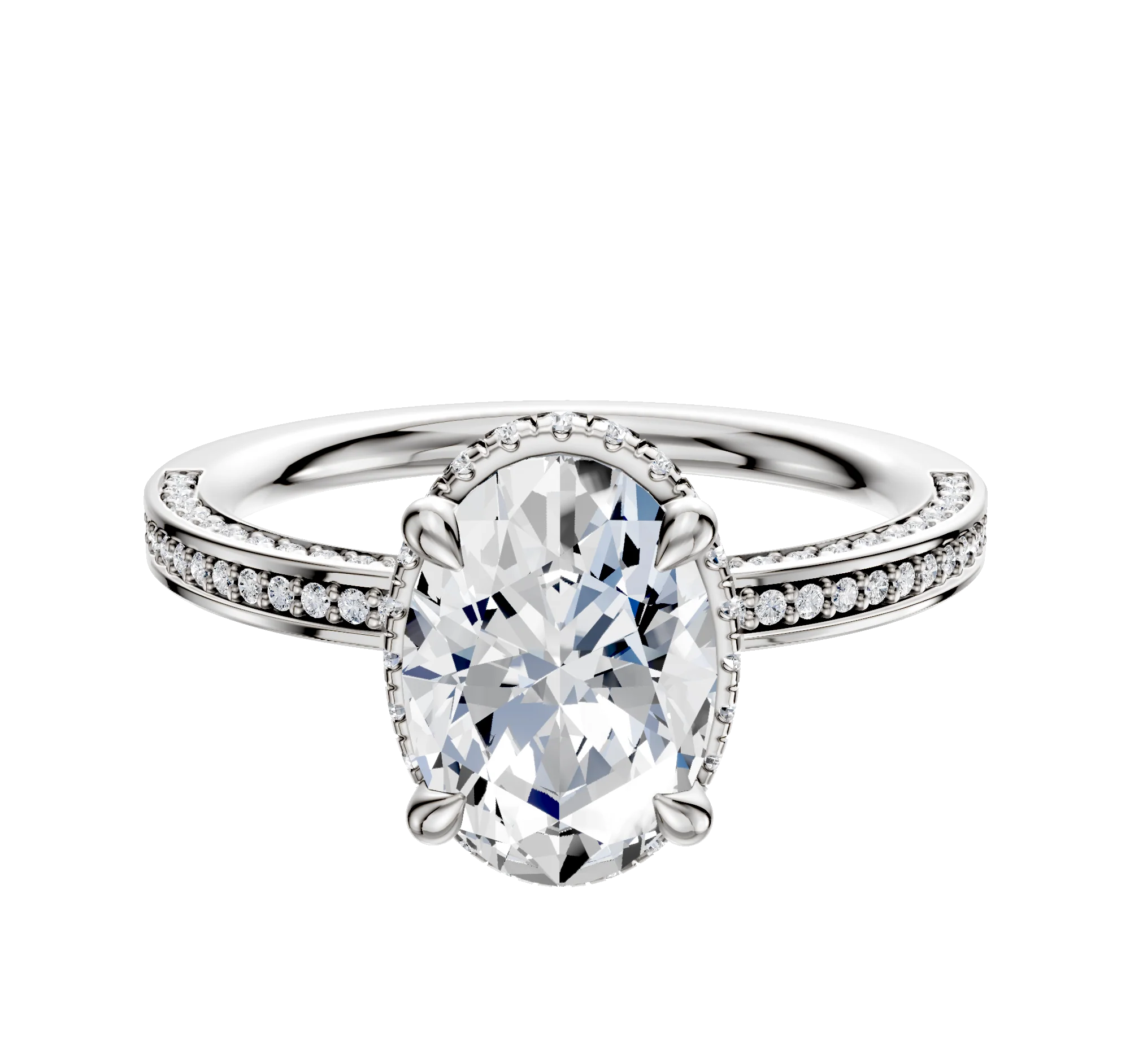 18K White Gold 4 Prong Collar Classic Flat 3-Row-Pave 2.0mm Engagement Ring