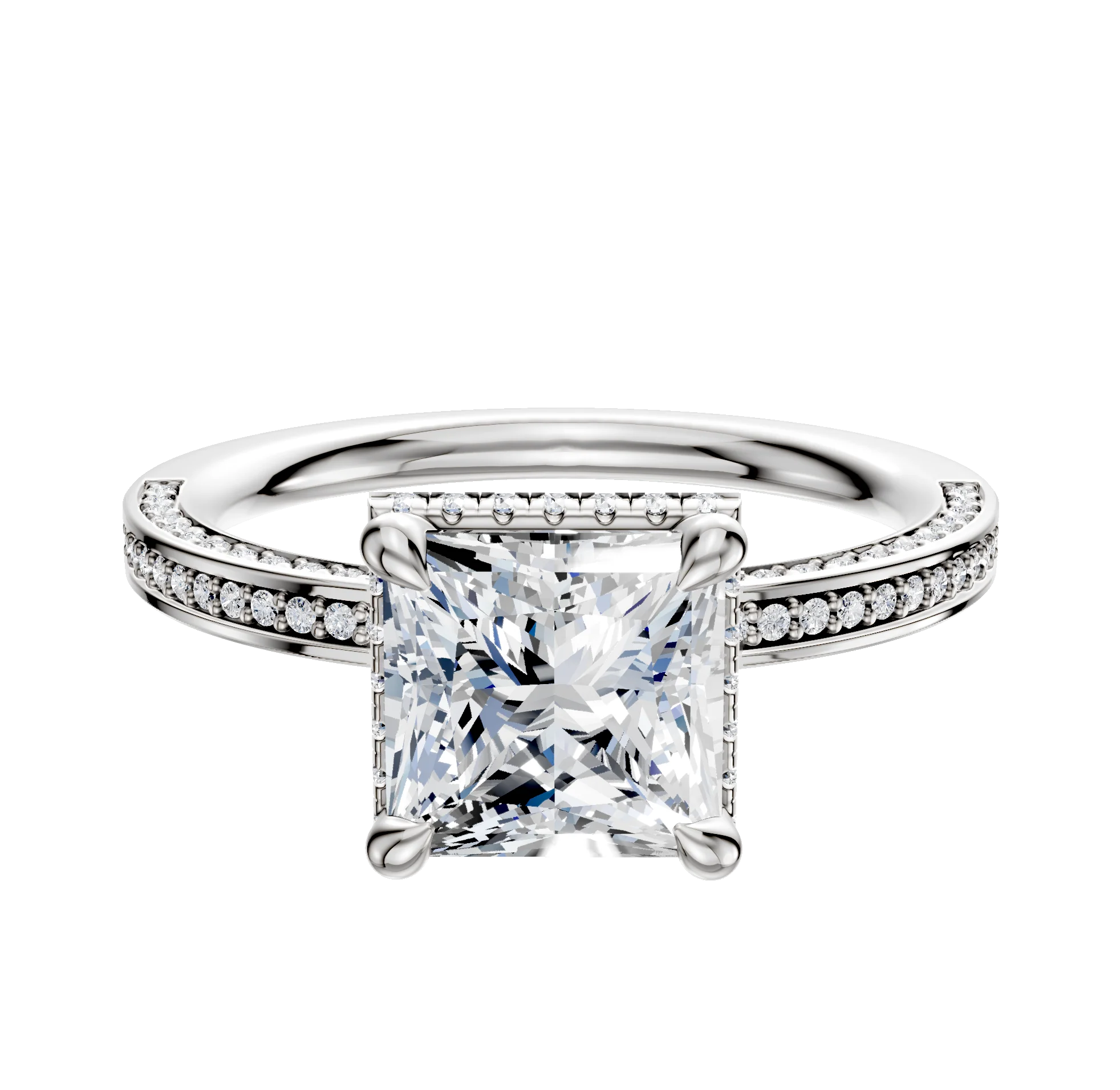 18K White Gold 4 Prong Collar Classic Flat 3-Row-Pave 2.0mm Engagement Ring