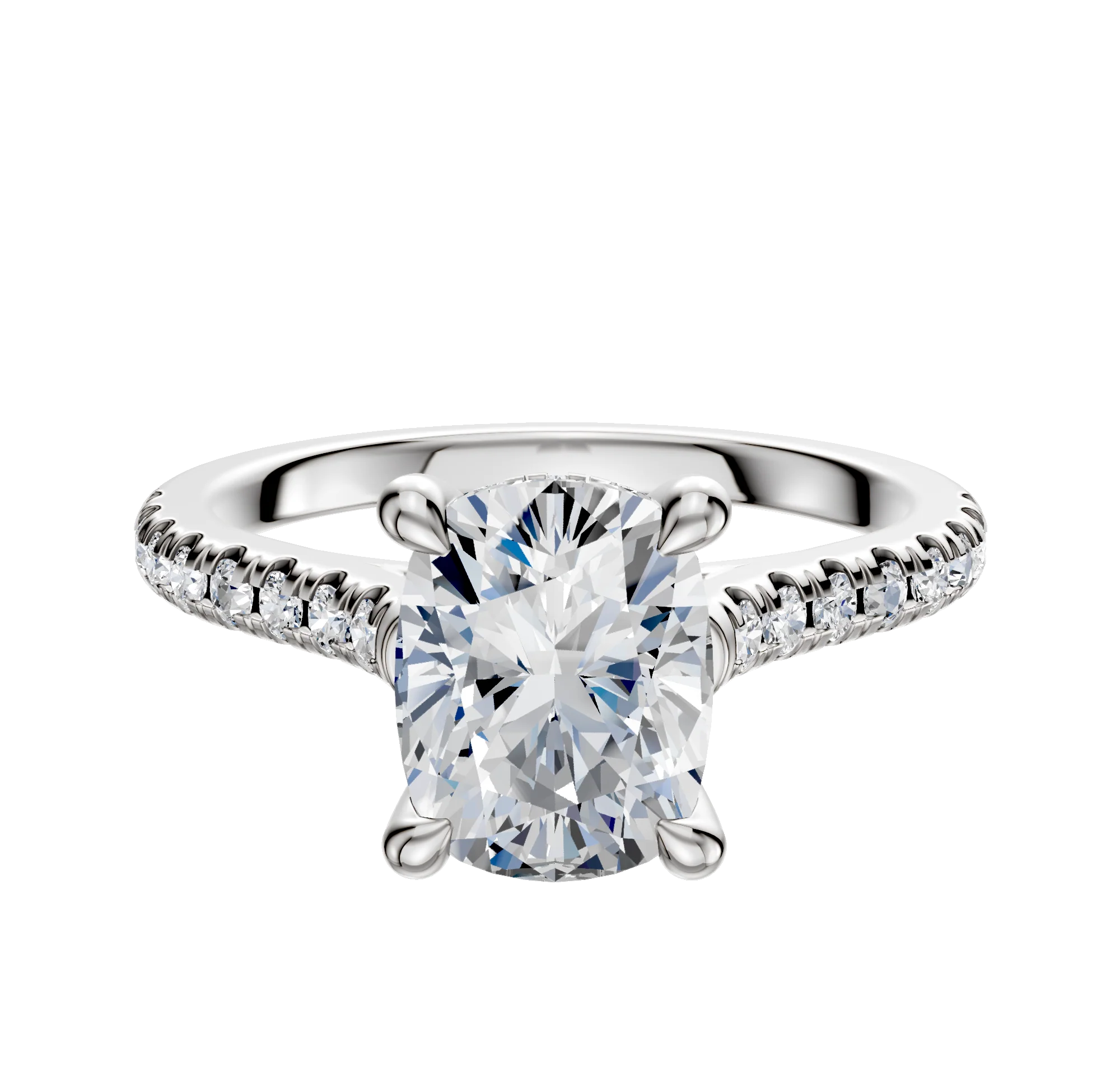 18K White Gold 4 Prong Hidden Halo Cathedral Dome 1-Row-Pave 2.5mm Engagement Ring
