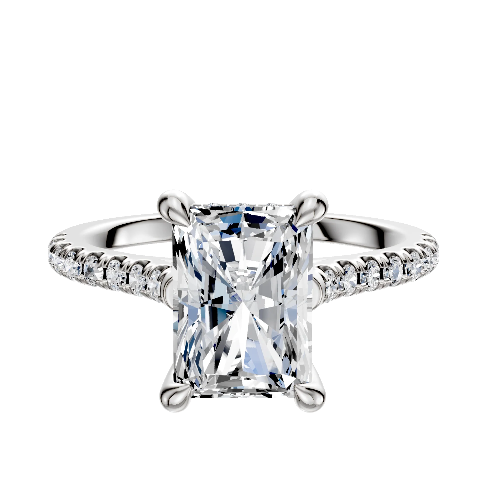 18K White Gold 4 Prong Hidden Halo Cathedral Dome 1-Row-Pave 2.5mm Engagement Ring