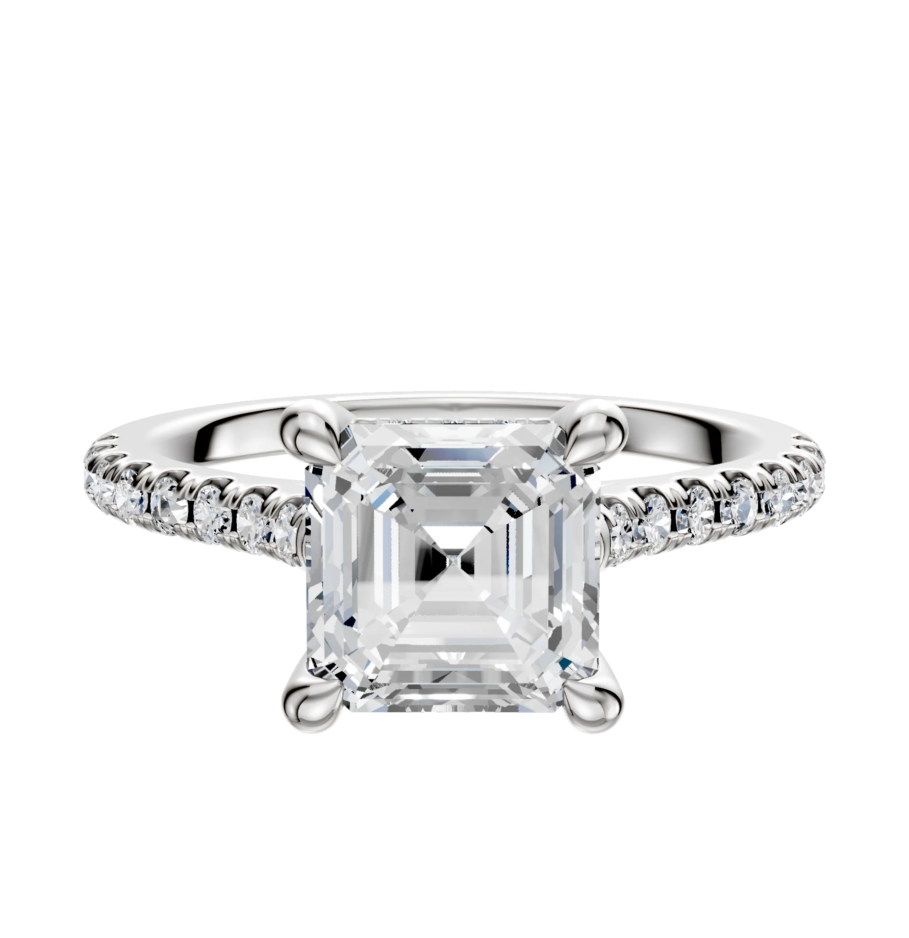 18K White Gold 4 Prong Hidden Halo Cathedral Dome 1-Row-Pave 2.5mm Engagement Ring