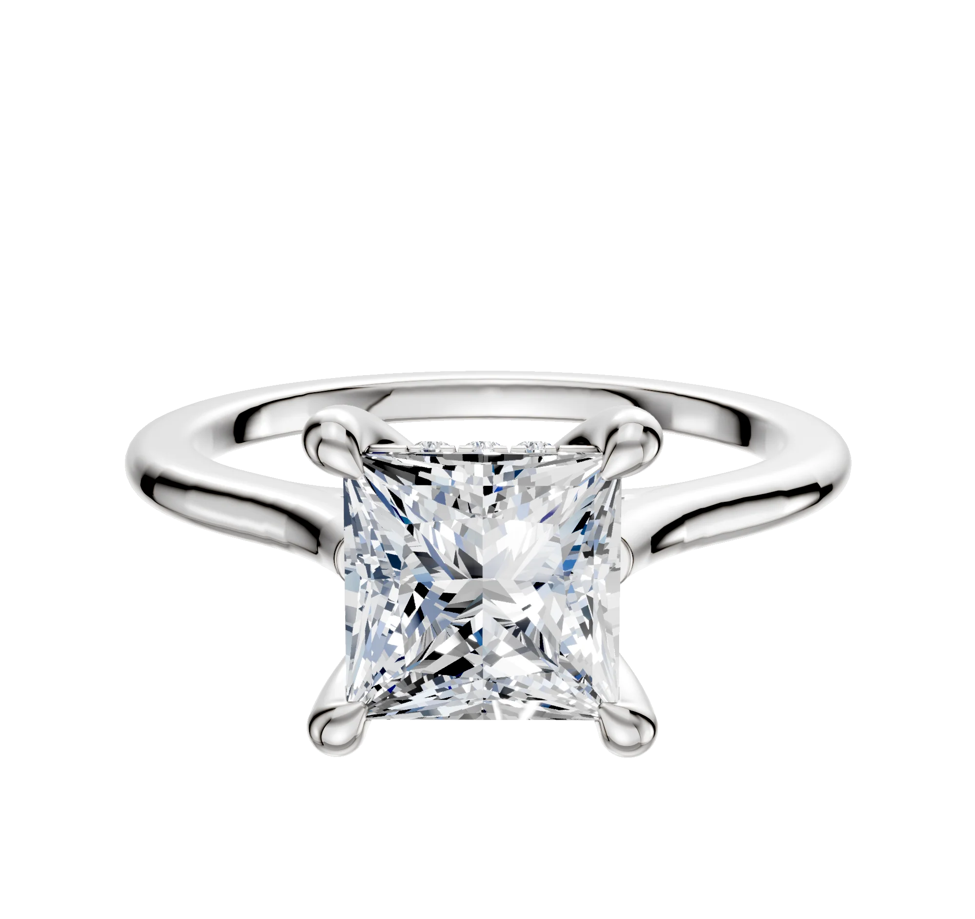 18K White Gold 4 Prong Hidden Halo Cathedral Dome 1.5mm Engagement Ring