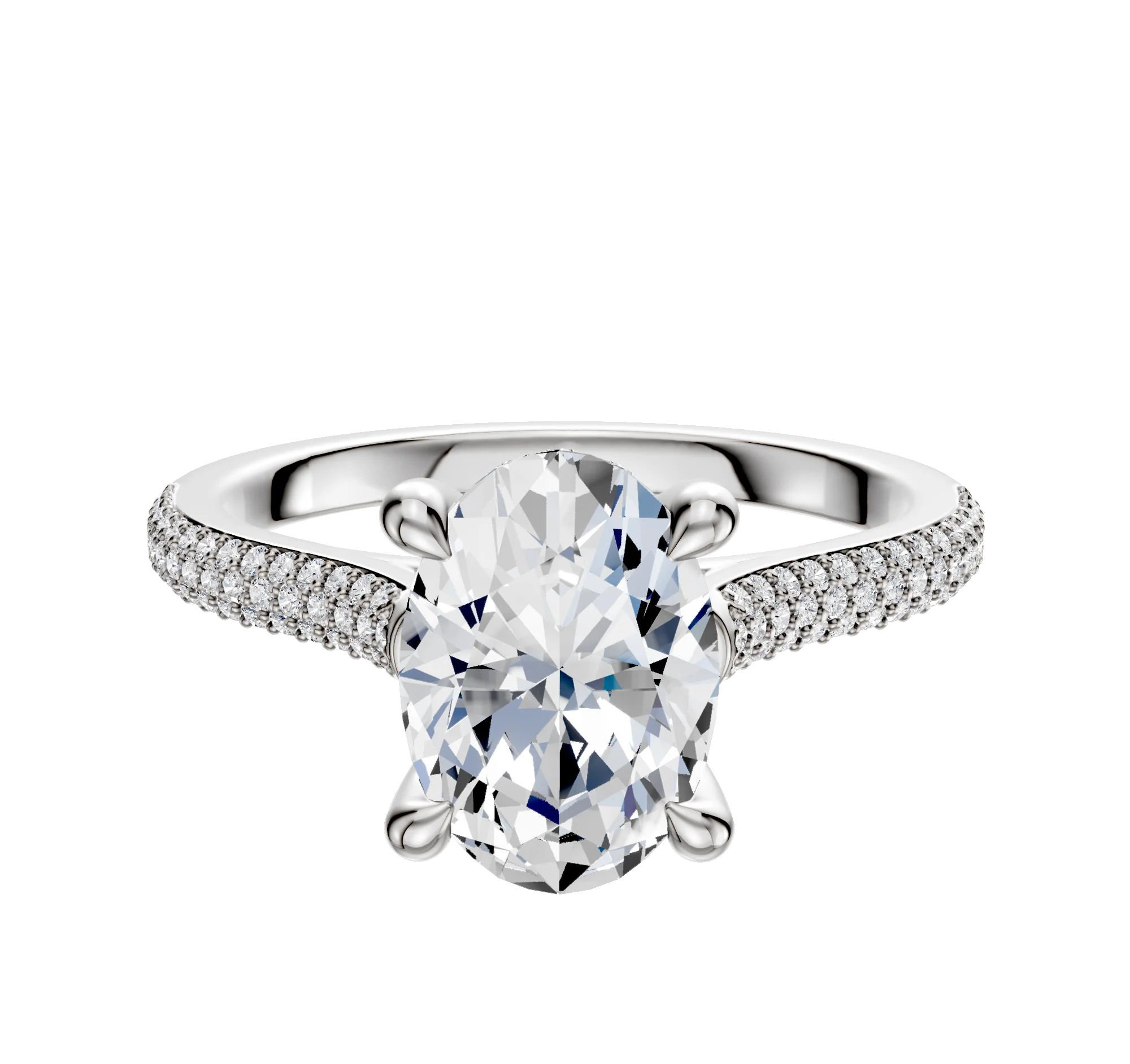 18K White Gold 4 Prong Hidden Halo Cathedral Dome 3-Row-Pave 2.0mm Engagement Ring