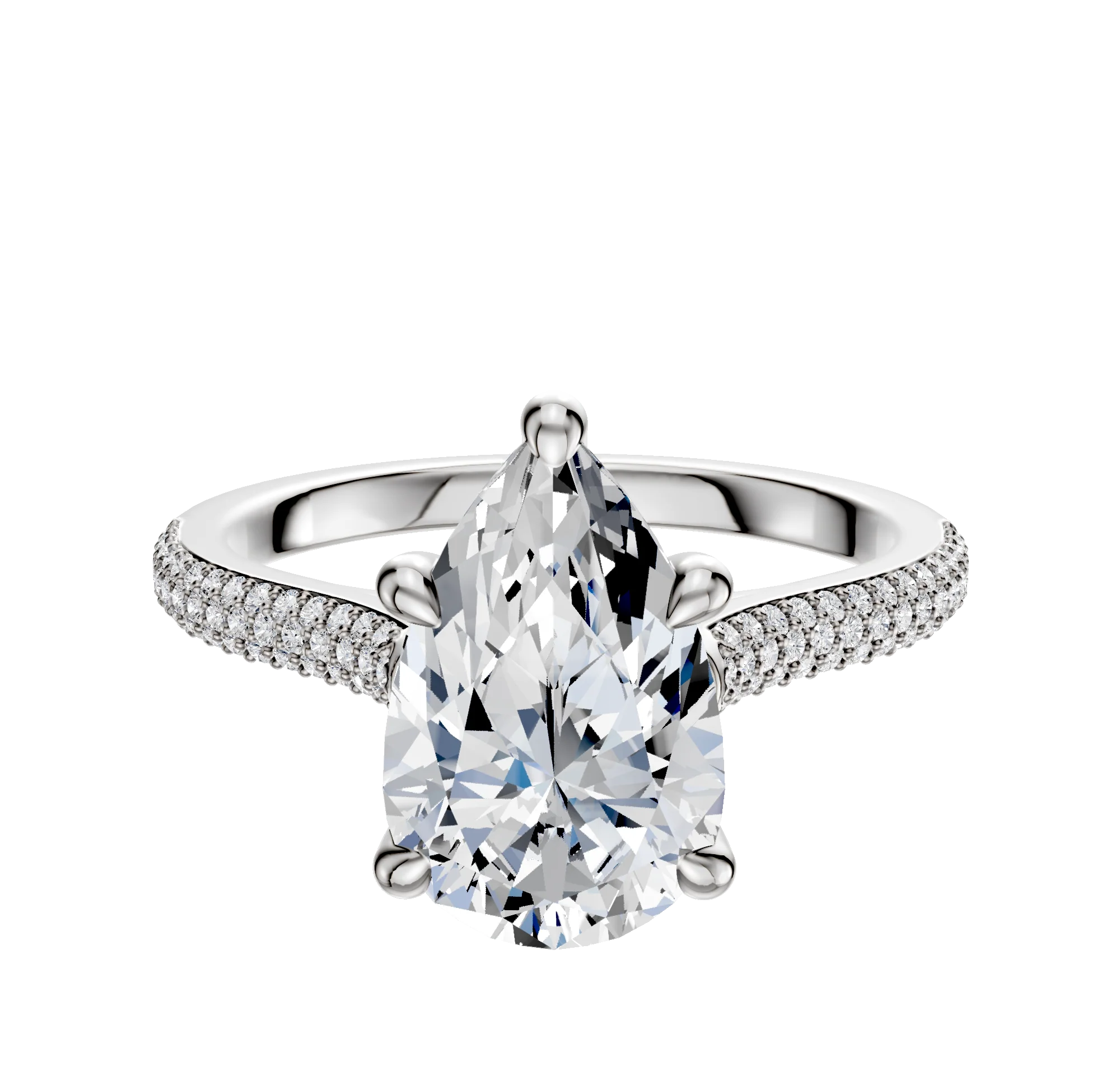 18K White Gold 4 Prong Hidden Halo Cathedral Dome 3-Row-Pave 2.0mm Engagement Ring
