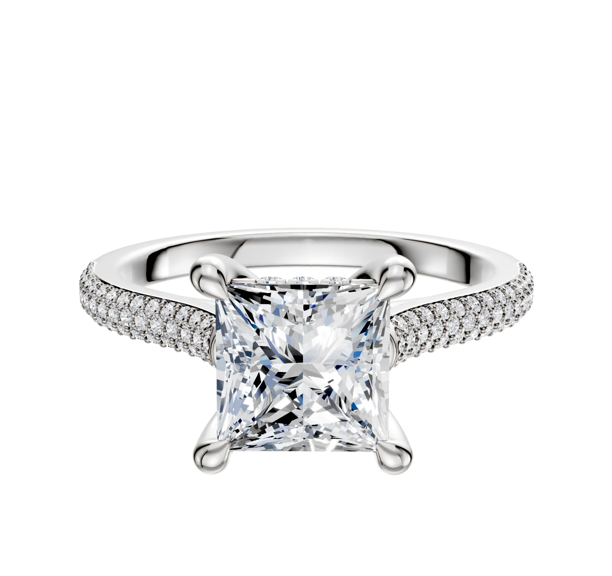 18K White Gold 4 Prong Hidden Halo Cathedral Dome 3-Row-Pave 2.0mm Engagement Ring