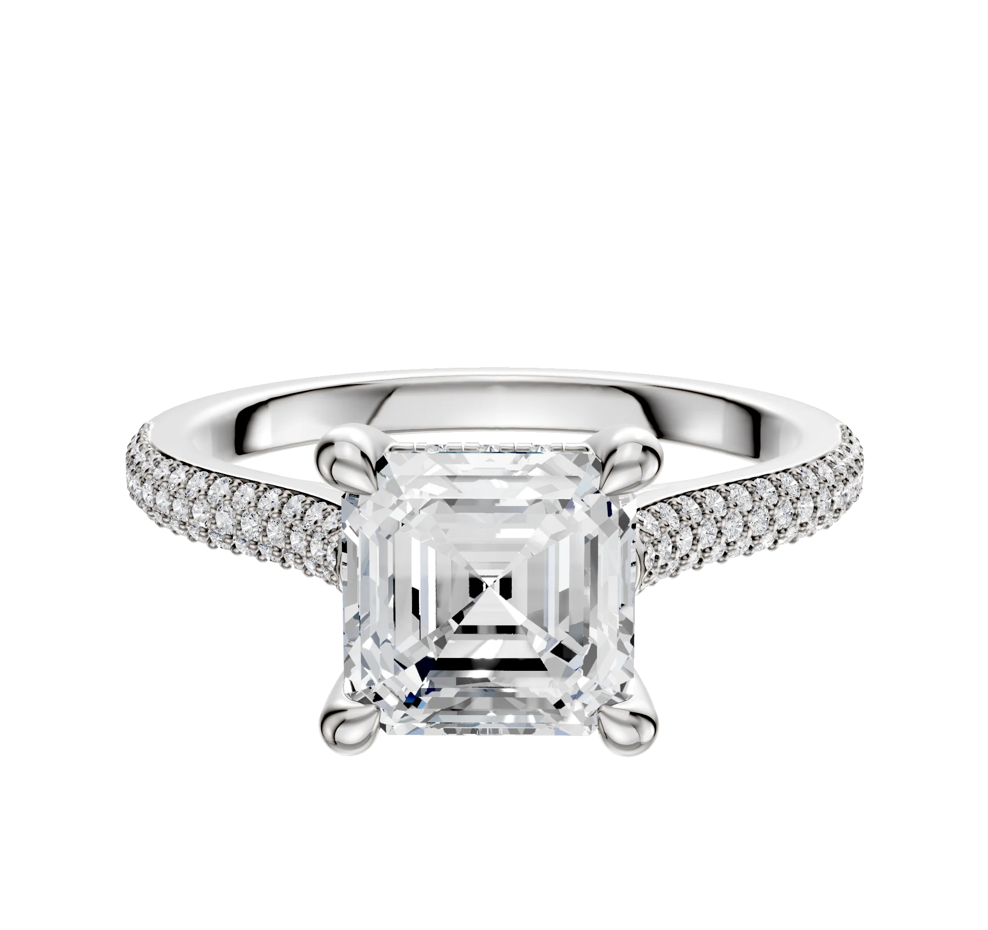 18K White Gold 4 Prong Hidden Halo Cathedral Dome 3-Row-Pave 2.0mm Engagement Ring