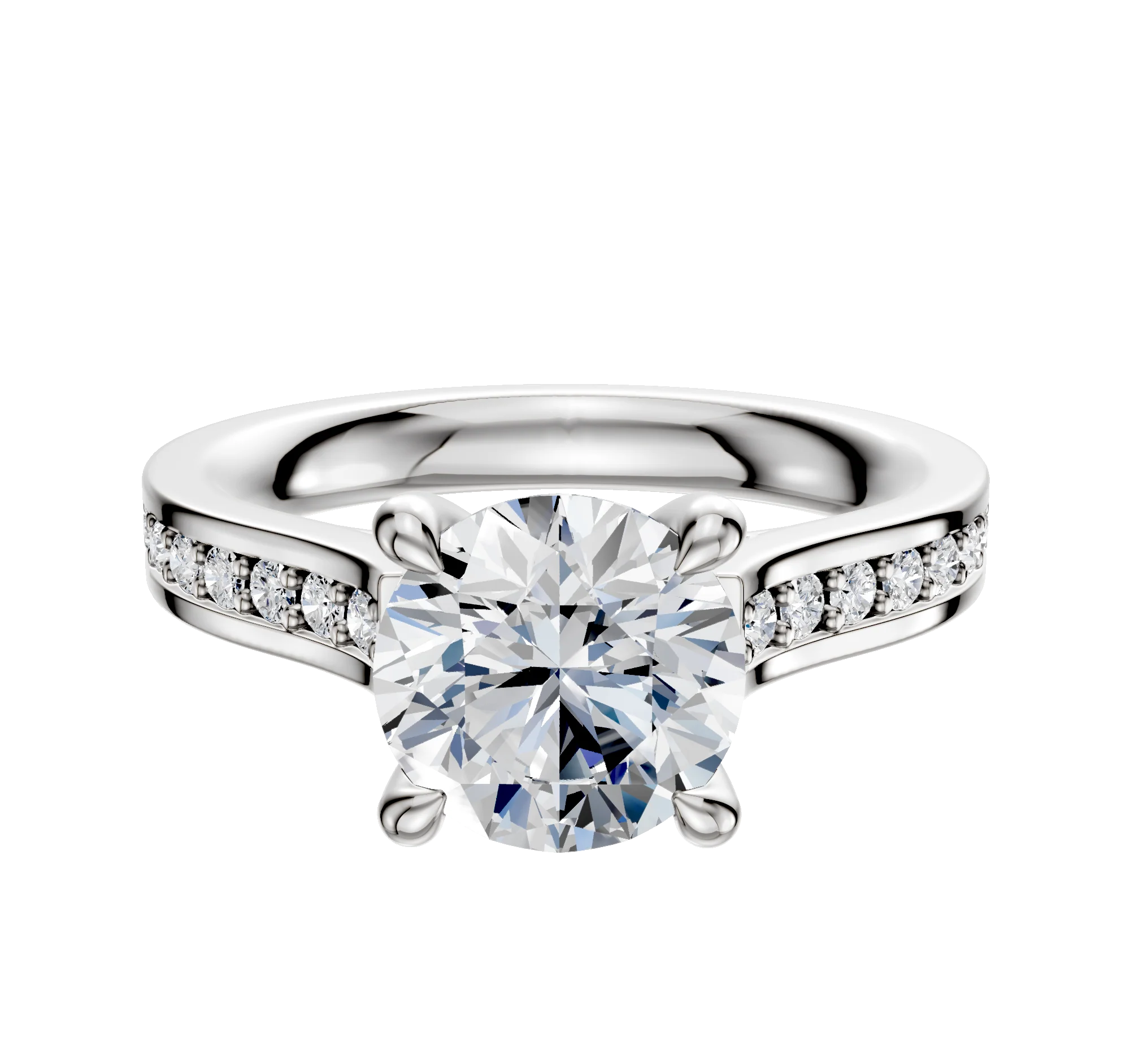 18K White Gold 4 Prong Hidden Halo Cathedral Flat 1-Row-Pave 2.5mm Engagement Ring