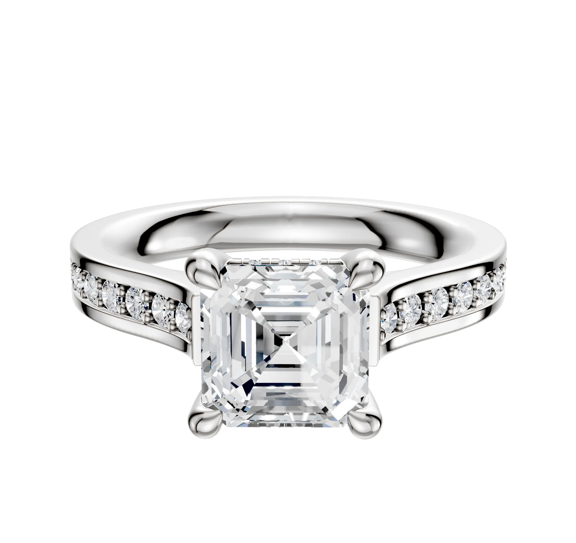 18K White Gold 4 Prong Hidden Halo Cathedral Flat 1-Row-Pave 2.5mm Engagement Ring