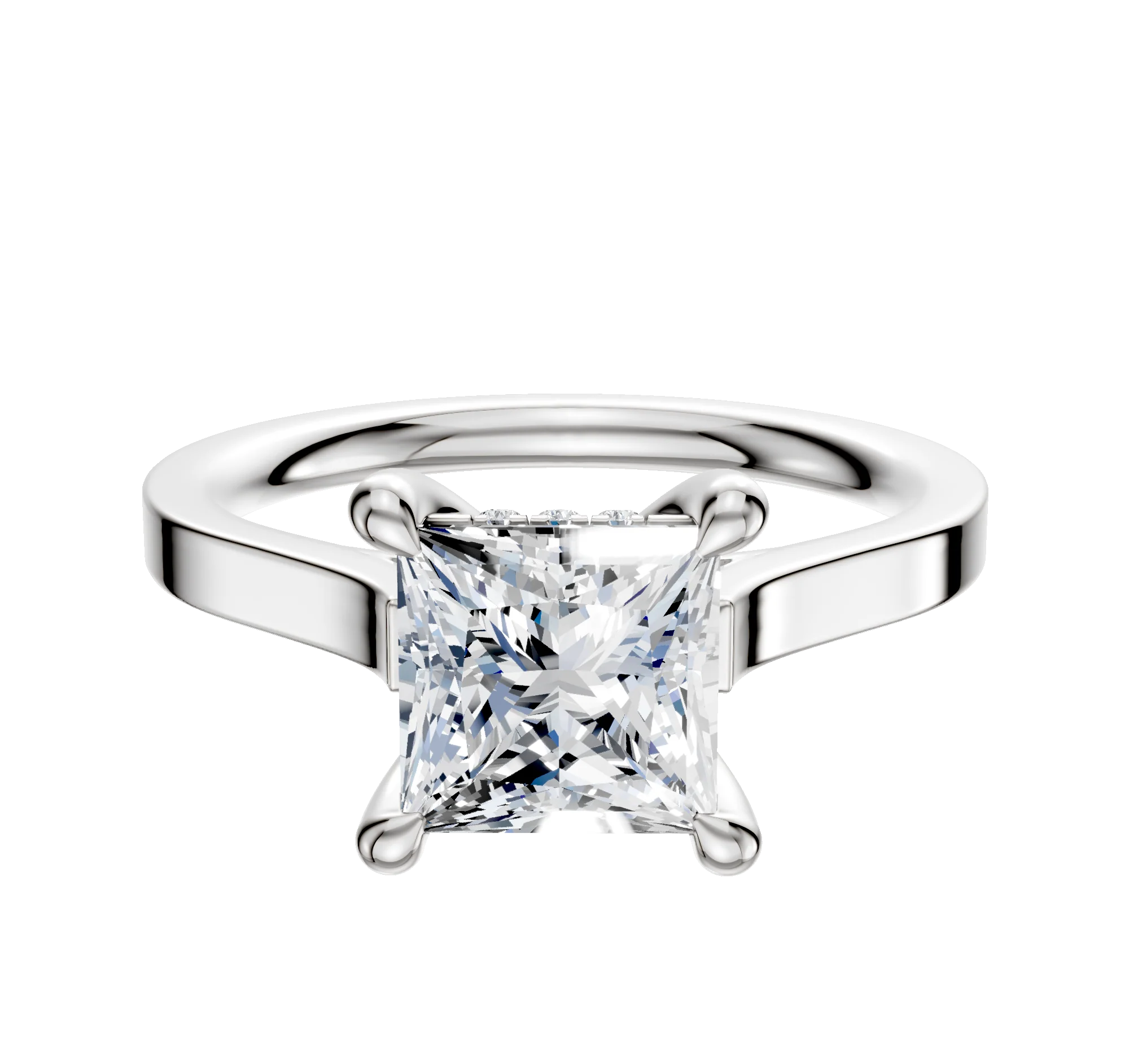 18K White Gold 4 Prong Hidden Halo Cathedral Flat 2.0mm Engagement Ring