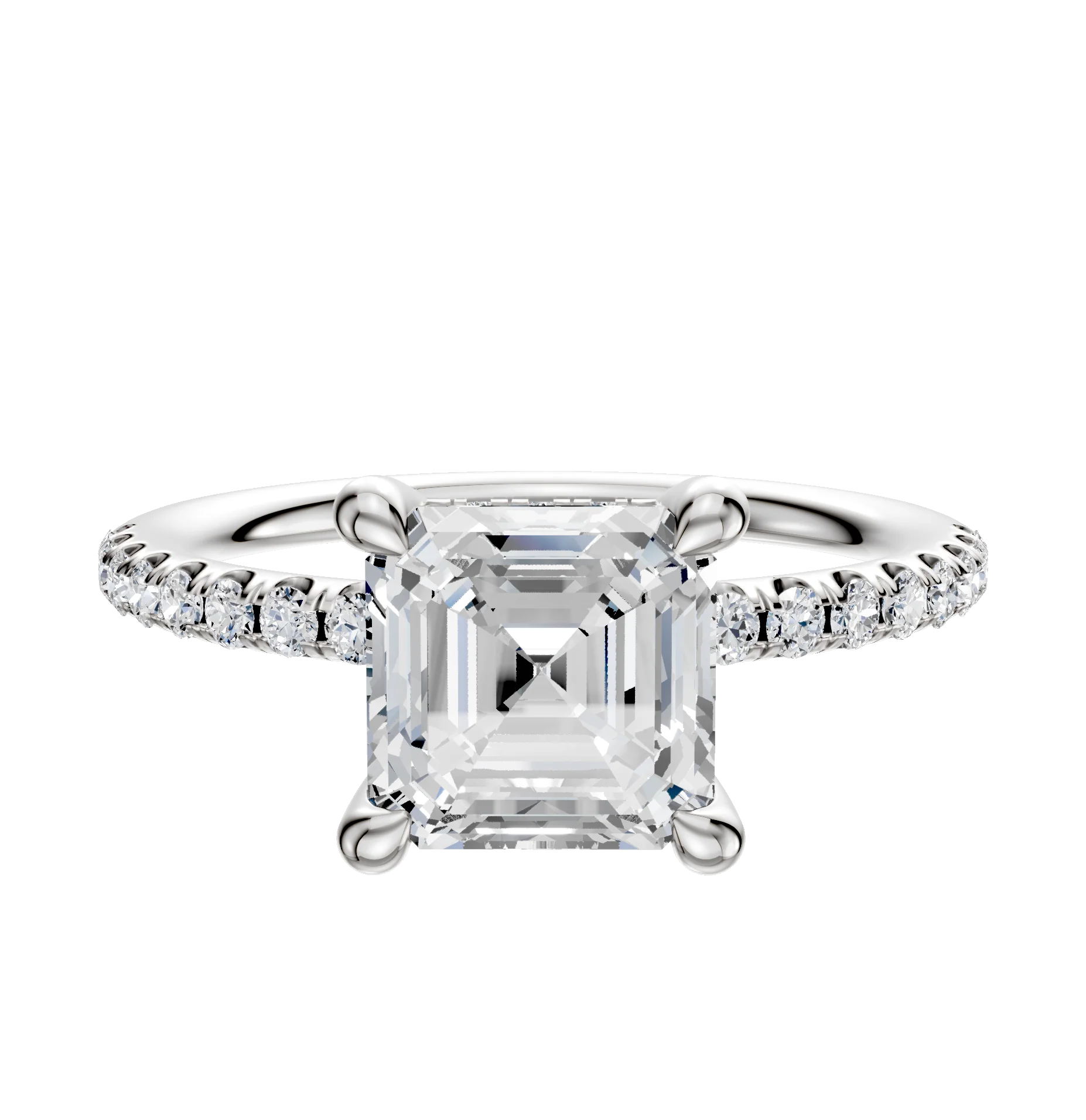 18K White Gold 4 Prong Hidden Halo Classic Dome 1-Row-Pave 2.5mm Engagement Ring