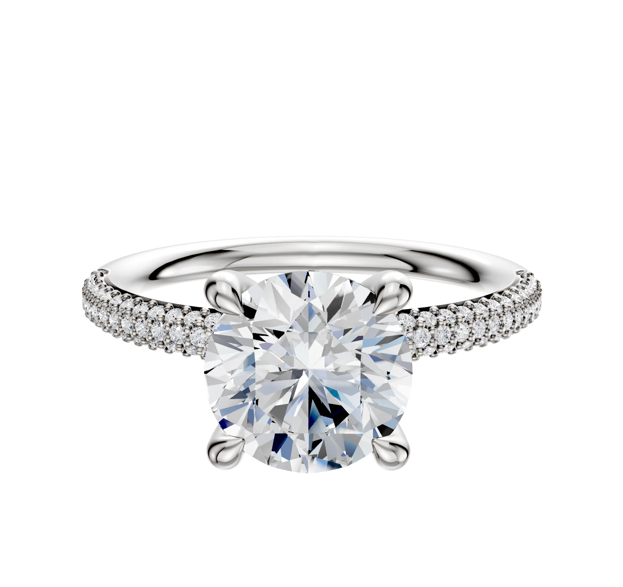 18K White Gold 4 Prong Hidden Halo Classic Dome 3-Row-Pave 2.0mm Engagement Ring
