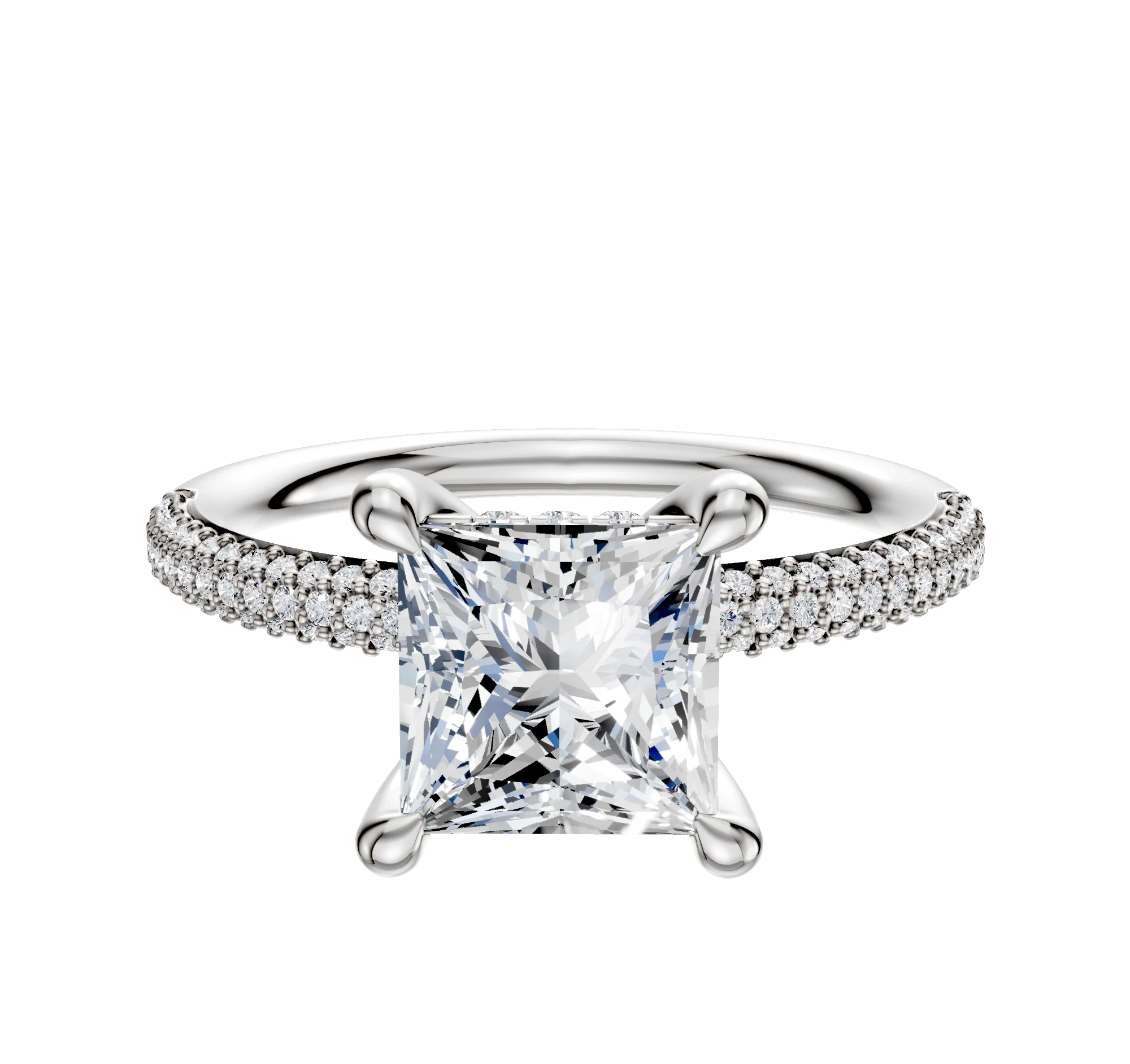 18K White Gold 4 Prong Hidden Halo Classic Dome 3-Row-Pave 2.0mm Engagement Ring