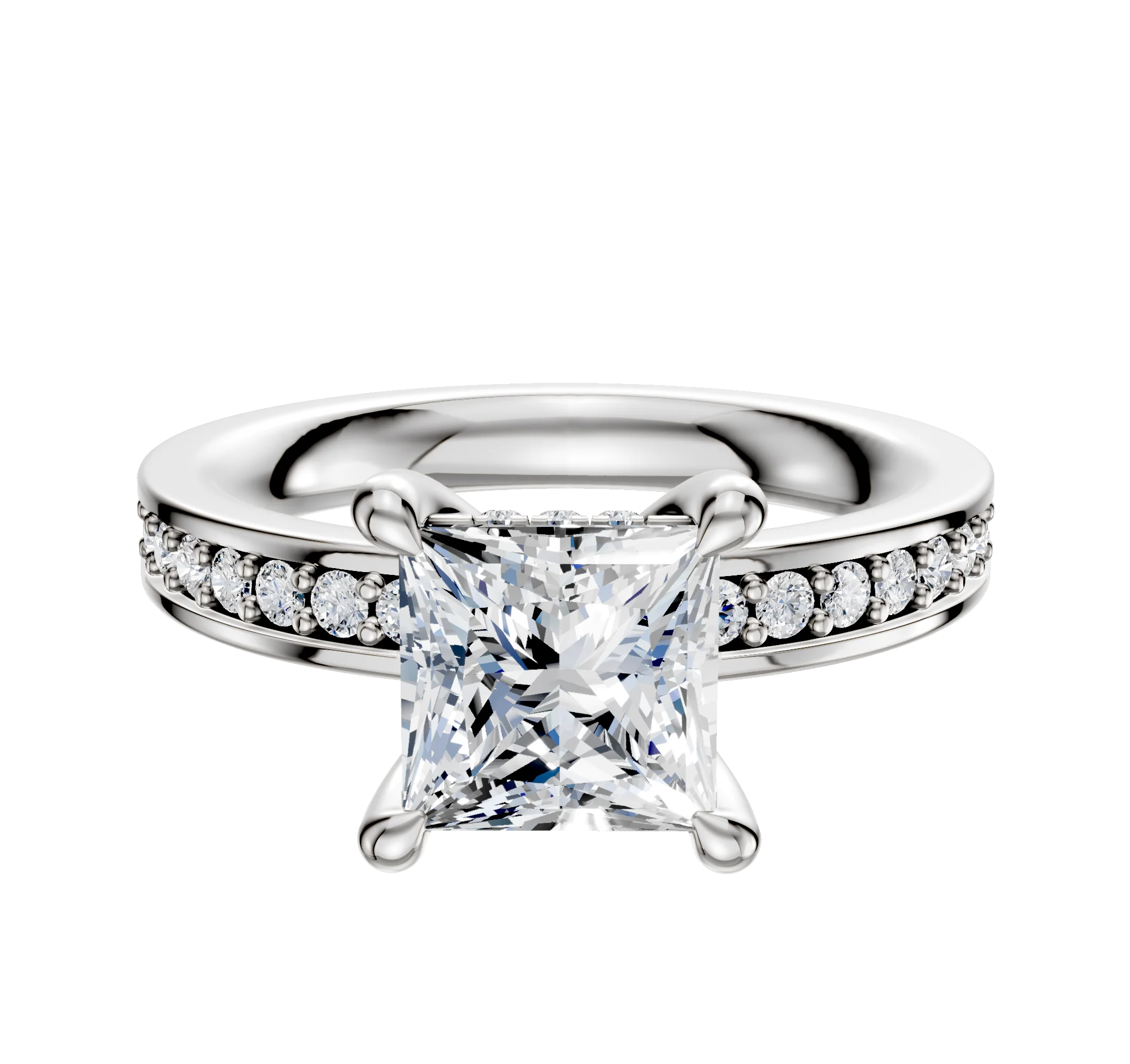 18K White Gold 4 Prong Hidden Halo Classic Flat 1-Row-Pave 2.5mm Engagement Ring