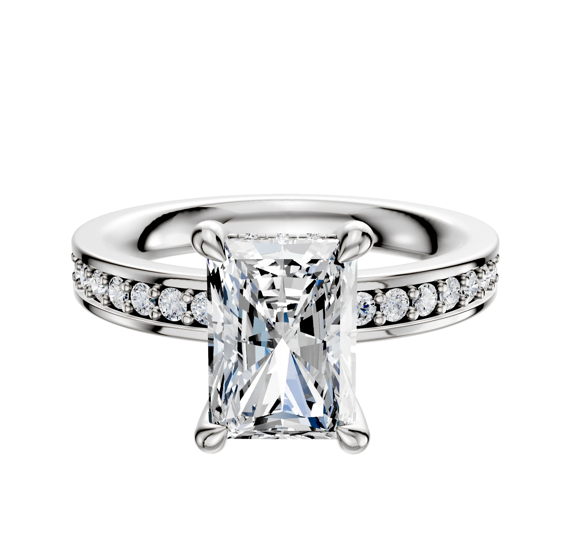 18K White Gold 4 Prong Hidden Halo Classic Flat 1-Row-Pave 2.5mm Engagement Ring