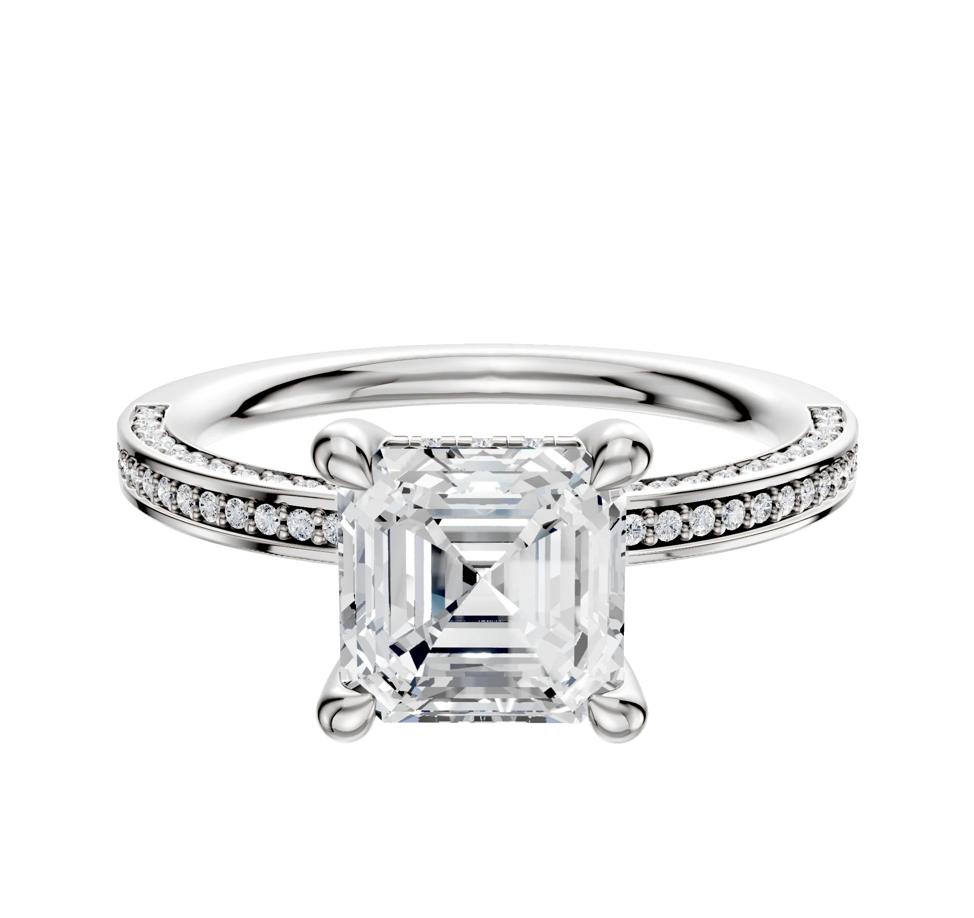 18K White Gold 4 Prong Hidden Halo Classic Flat 3-Row-Pave 2.0mm Engagement Ring
