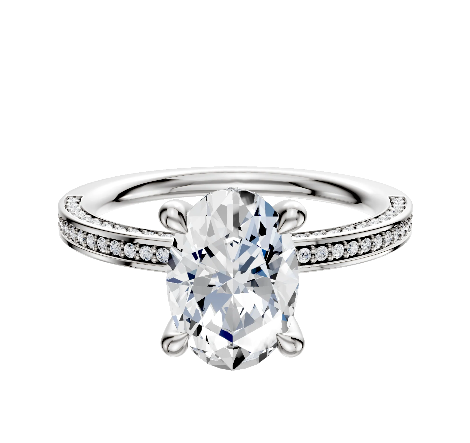 18K White Gold 4 Prong Hidden Halo Classic Flat 3-Row-Pave 2.0mm Engagement Ring