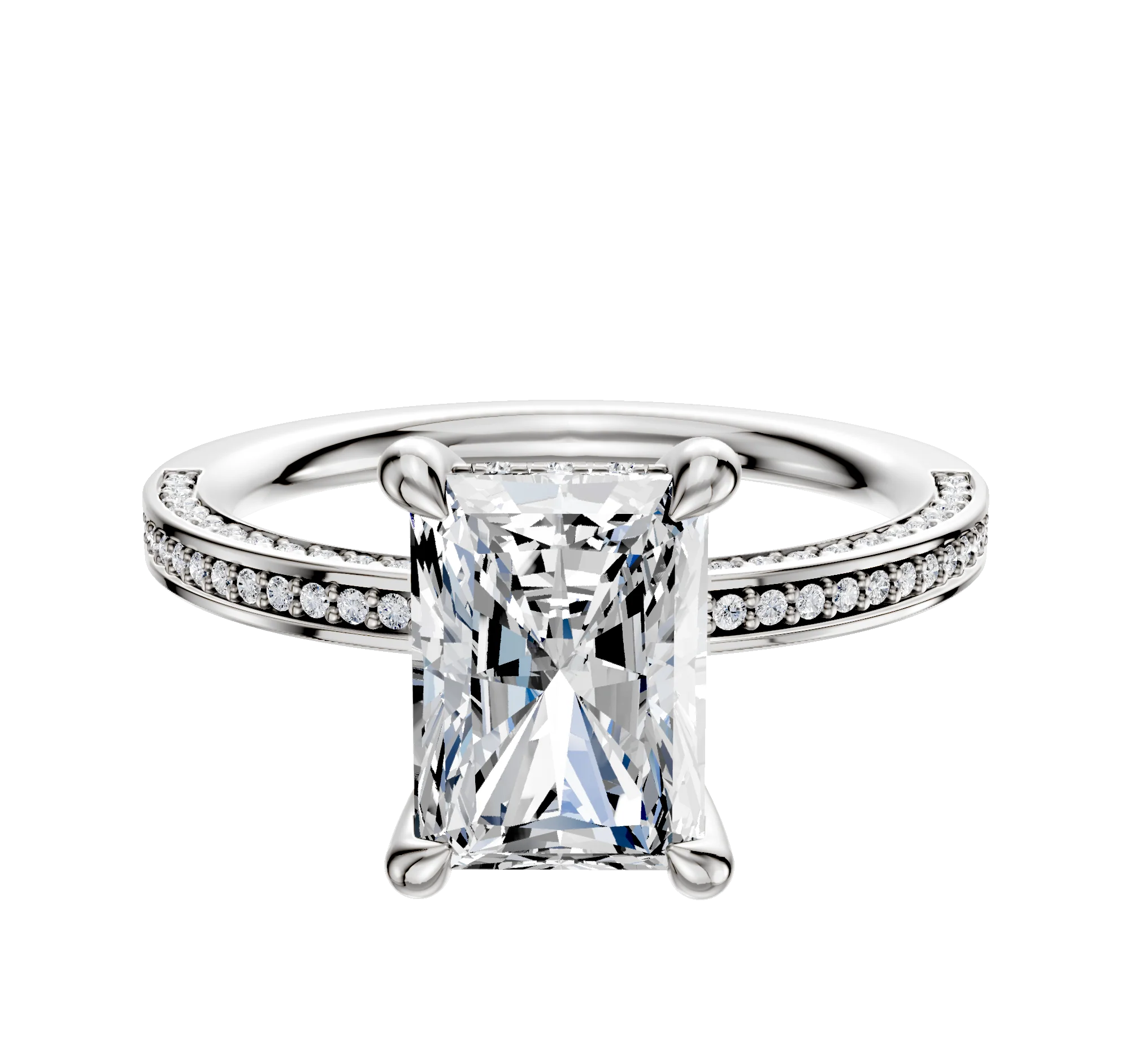 18K White Gold 4 Prong Hidden Halo Classic Flat 3-Row-Pave 2.0mm Engagement Ring