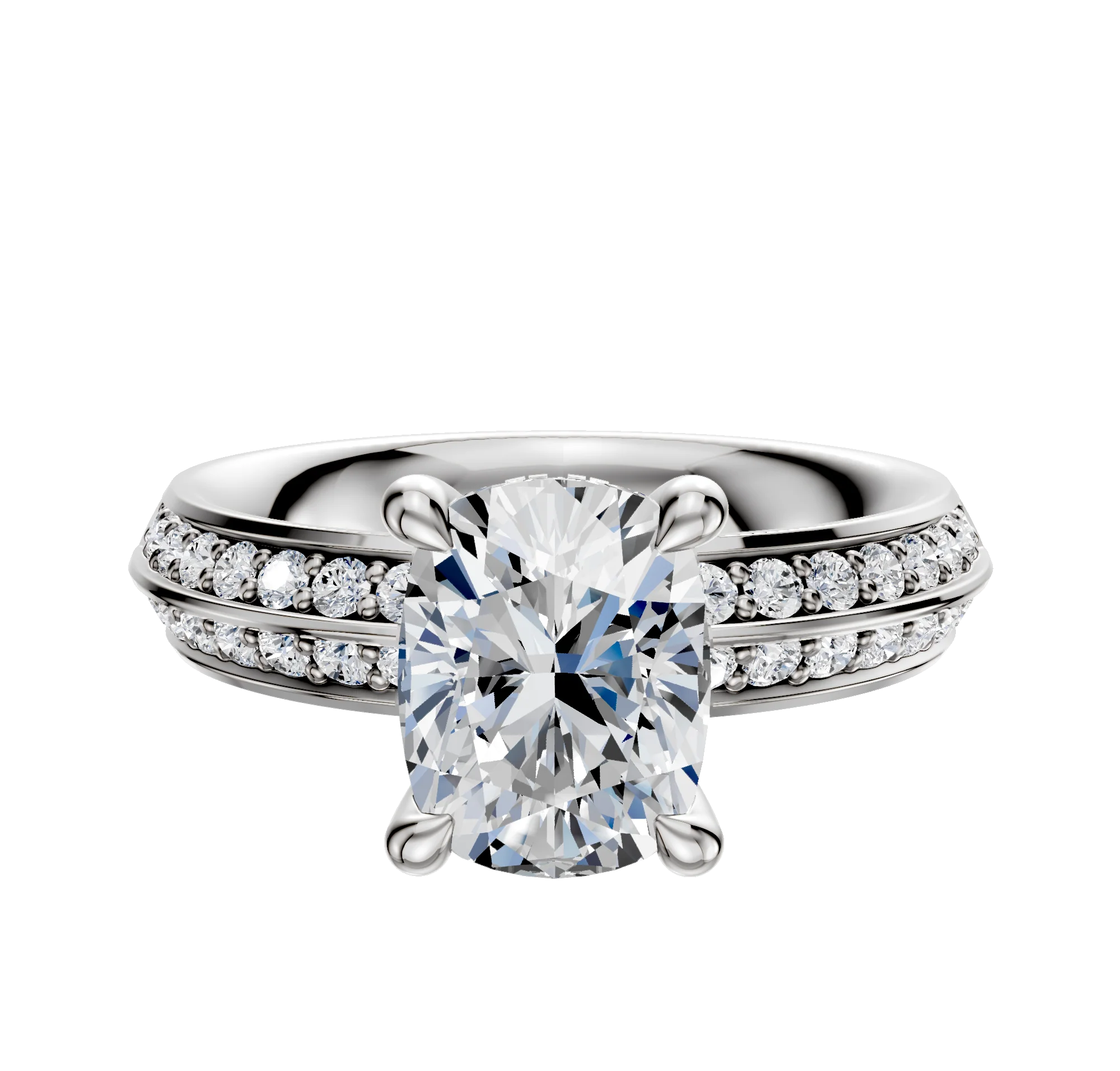 18K White Gold 4 Prong Hidden Halo Classic Knife Edge 1-Row-Pave 2.5mm Engagement Ring