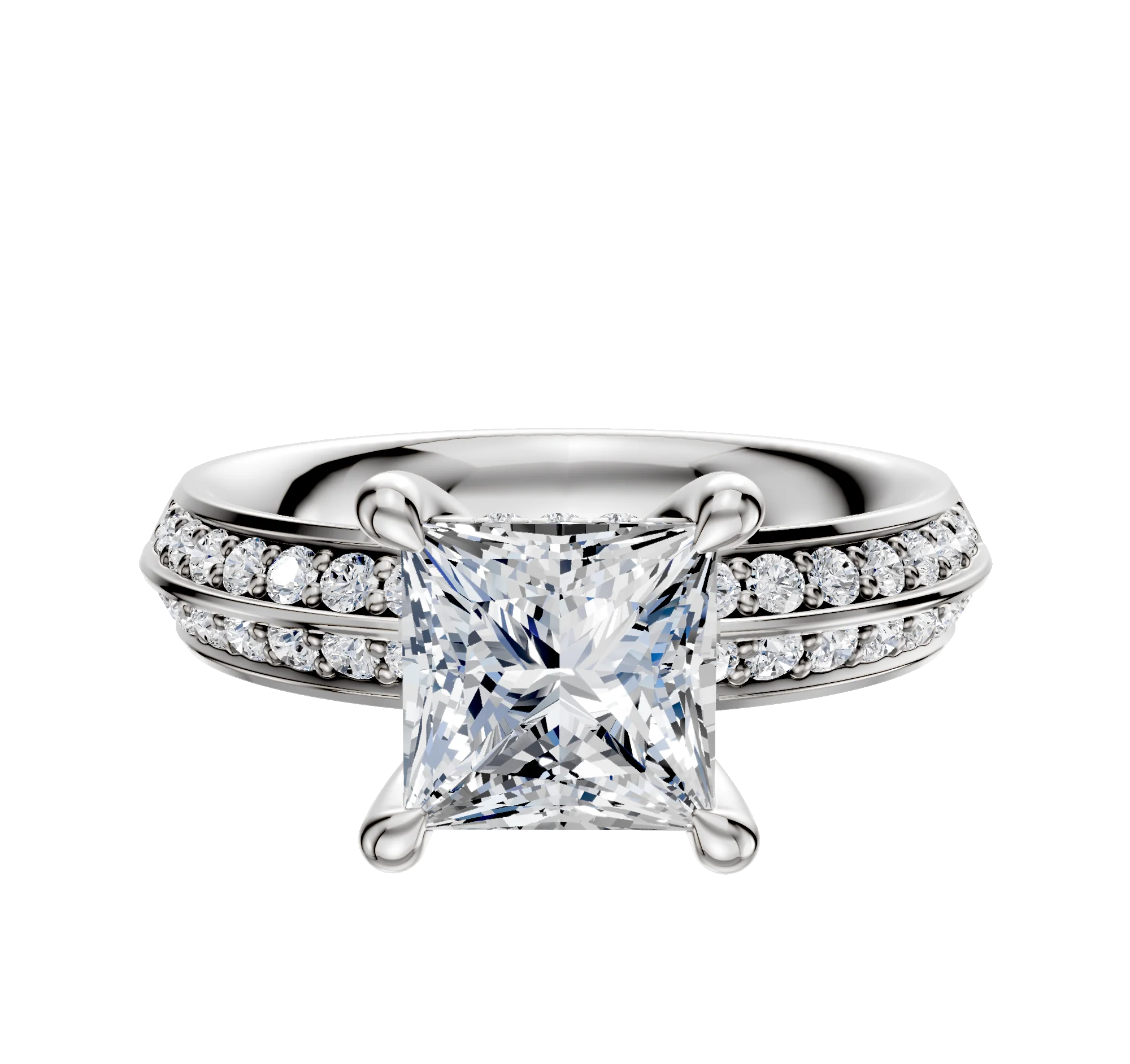 18K White Gold 4 Prong Hidden Halo Classic Knife Edge 1-Row-Pave 2.5mm Engagement Ring