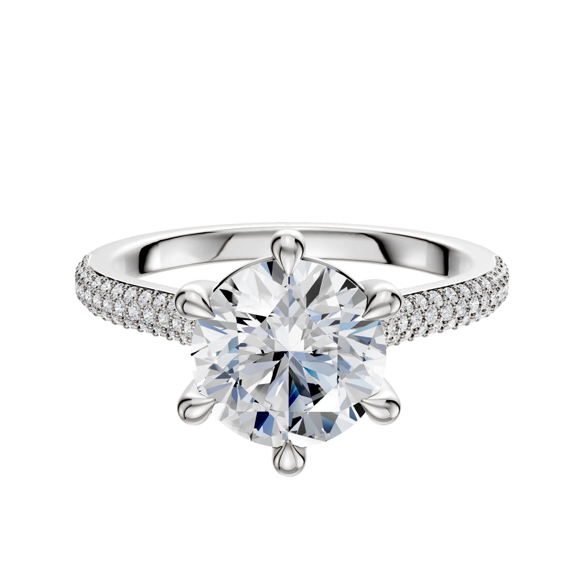 18K White Gold 6 Prong Basket Cathedral Dome 3-Row-Pave 2.0mm Engagement Ring