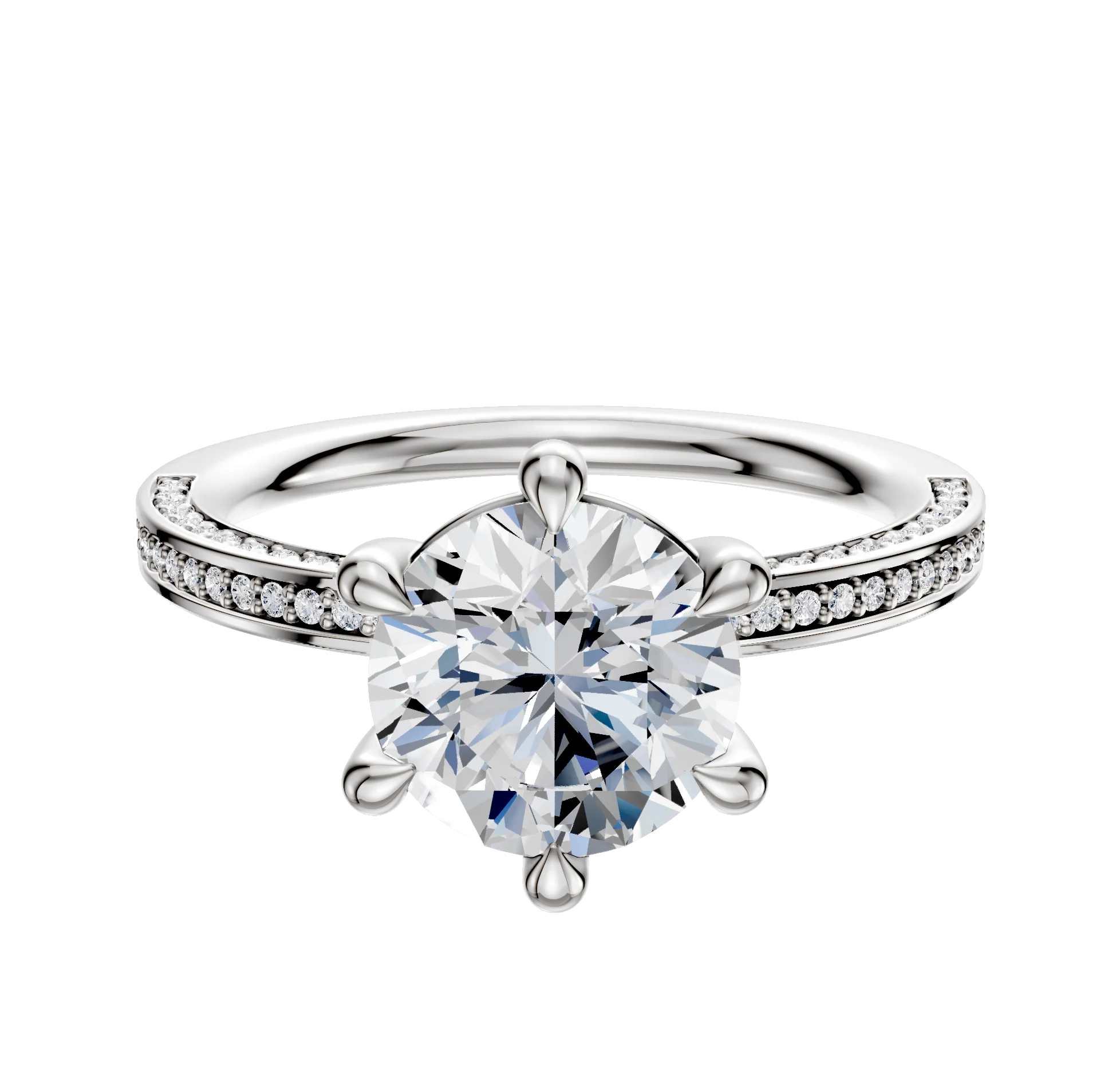 18K White Gold 6 Prong Basket Classic Flat 3-Row-Pave 2.0mm Engagement Ring
