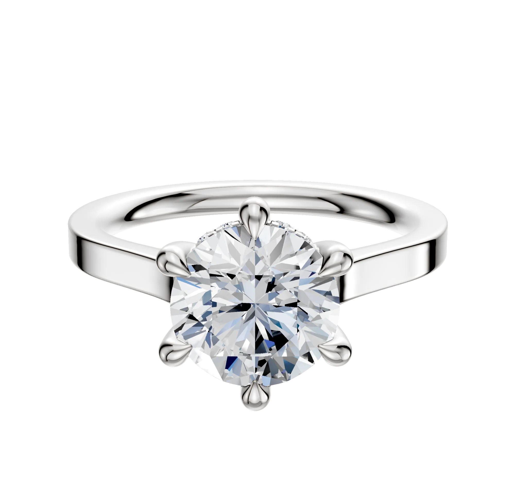 18K White Gold 6 Prong Hidden Halo Cathedral Flat 2.0mm Engagement Ring