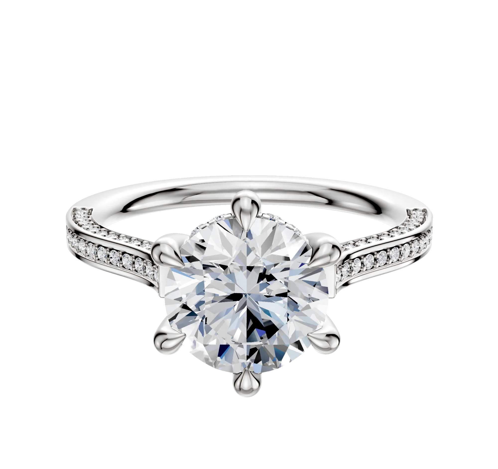 18K White Gold 6 Prong Hidden Halo Cathedral Flat 3-Row-Pave 2.0mm Engagement Ring