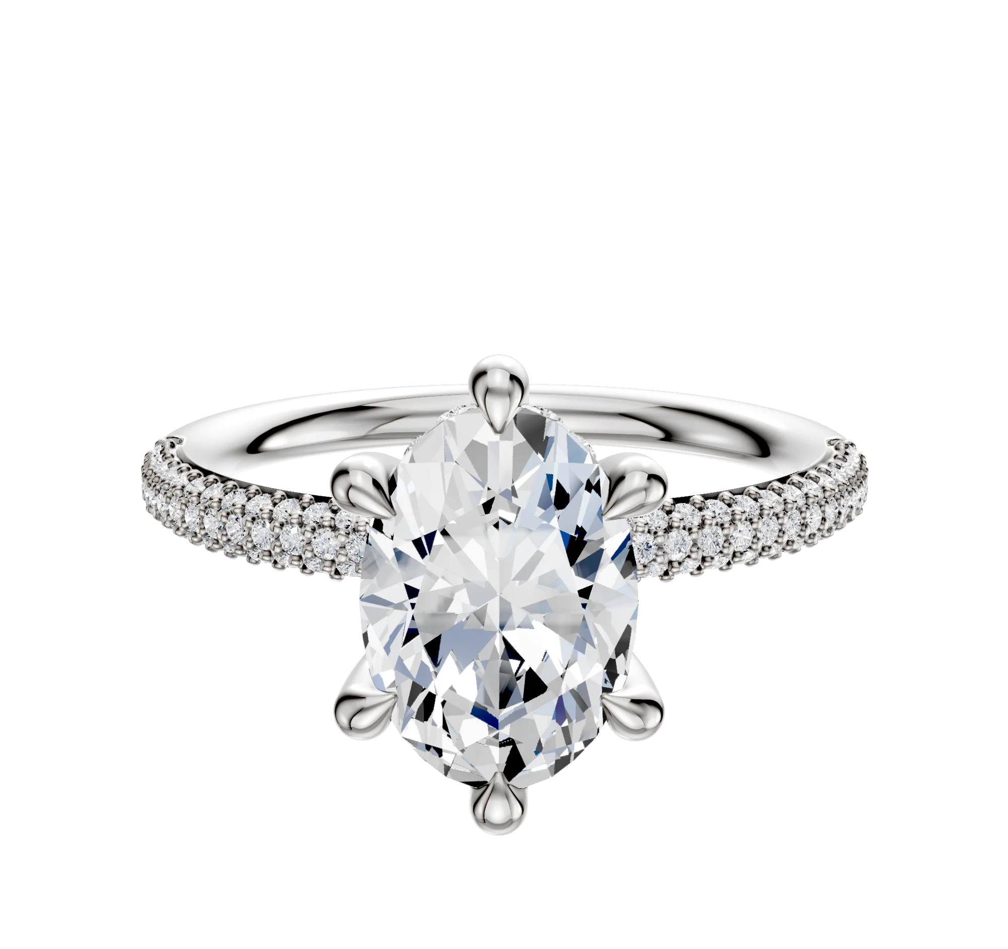 18K White Gold 6 Prong Hidden Halo Classic Dome 3-Row-Pave 2.0mm Engagement Ring